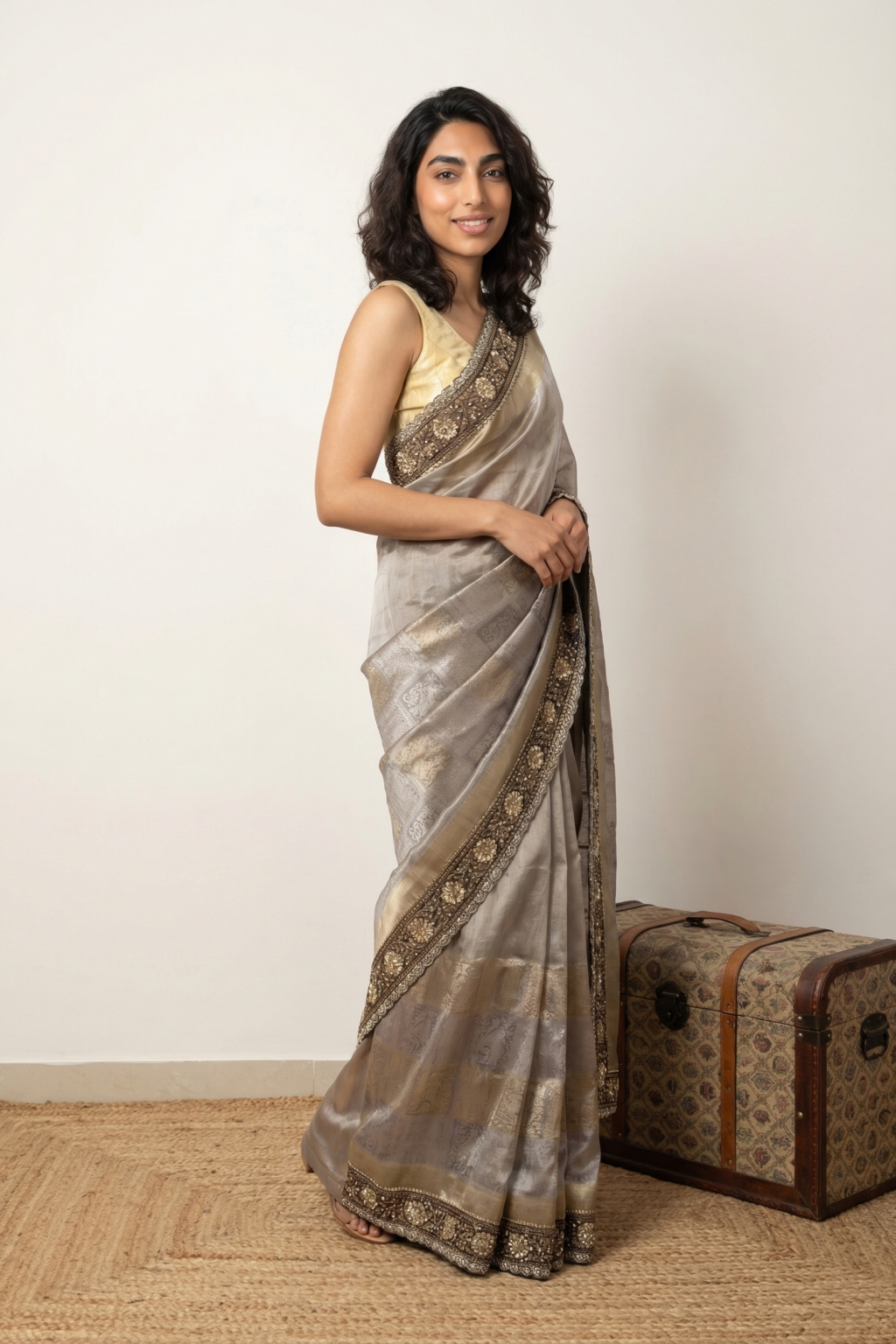 Grey Gold Handloom Tissue Saree