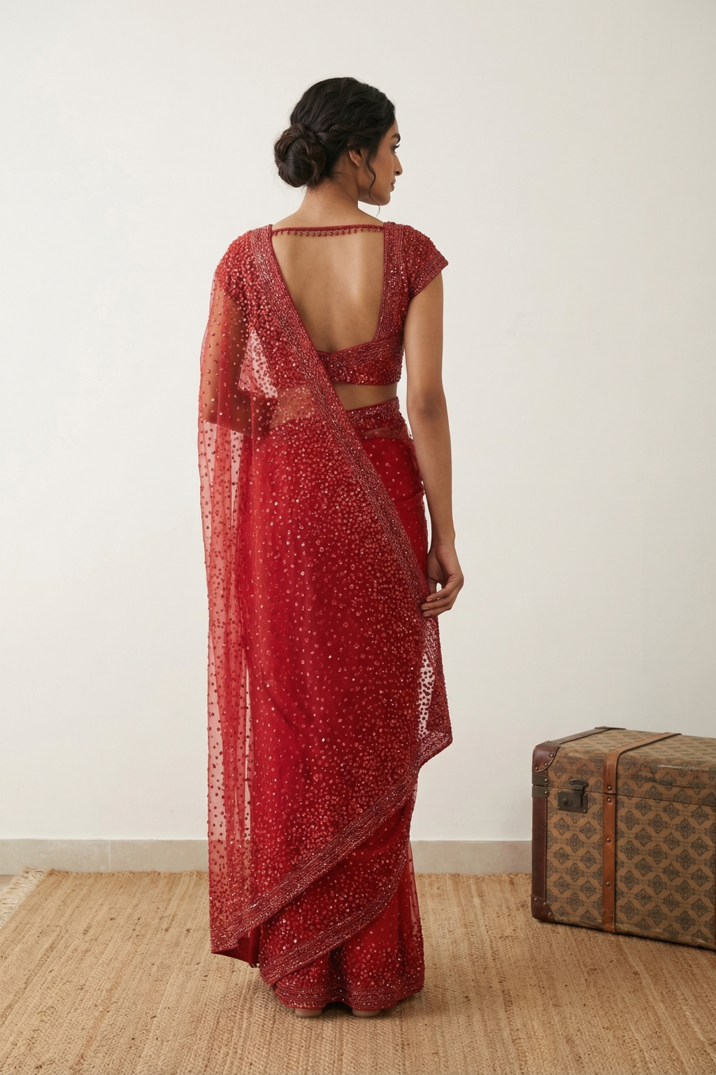 Red Net Saree with All Over Sequins and Gunmetal Work Border with Ready Made Blouse