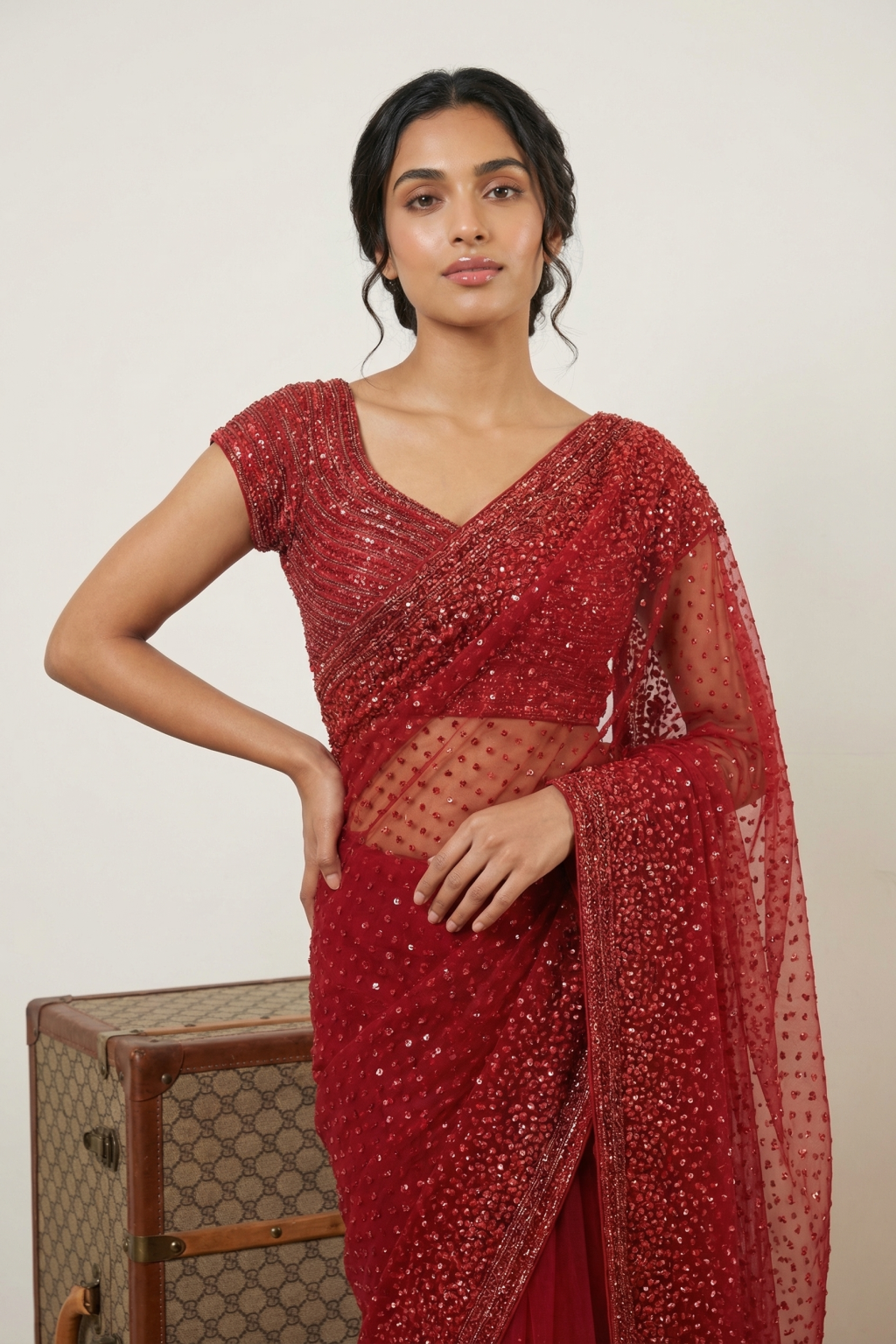 Red Net Saree with All Over Sequins and Gunmetal Work Border with Ready Made Blouse