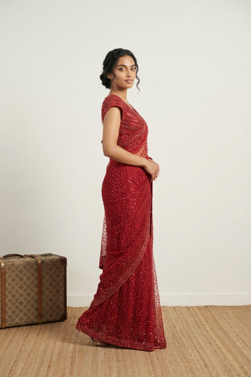 Red Net Saree with All Over Sequins and Gunmetal Work Border with Ready Made Blouse