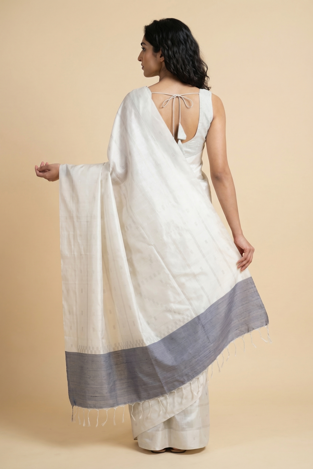 White Soft Silk Saree with Subtle Stripes, Silver Zari Motifs & Contrast Pallu