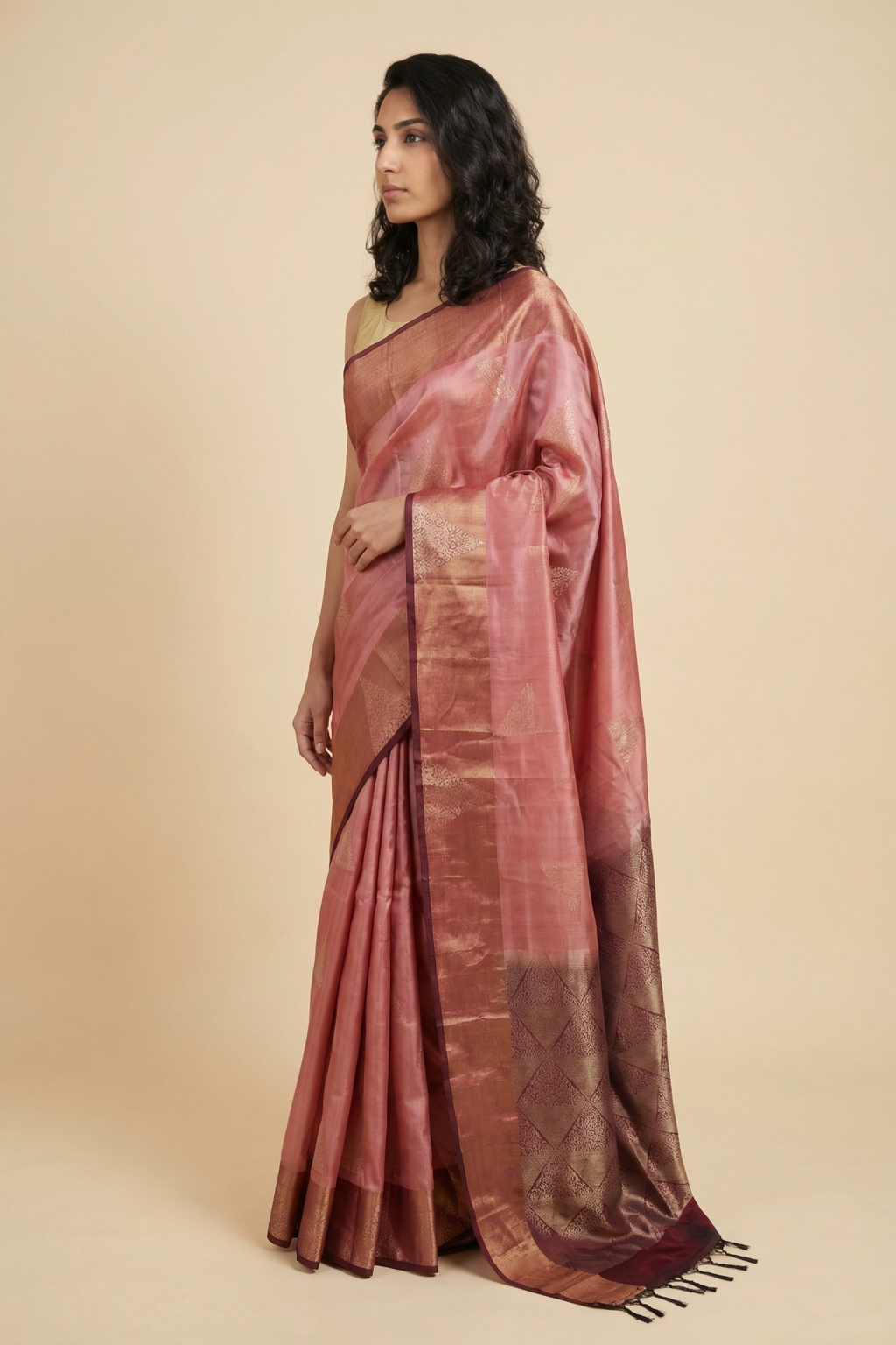 Rust Soft Silk Saree with Fancy Butta & Zari Contrast Border