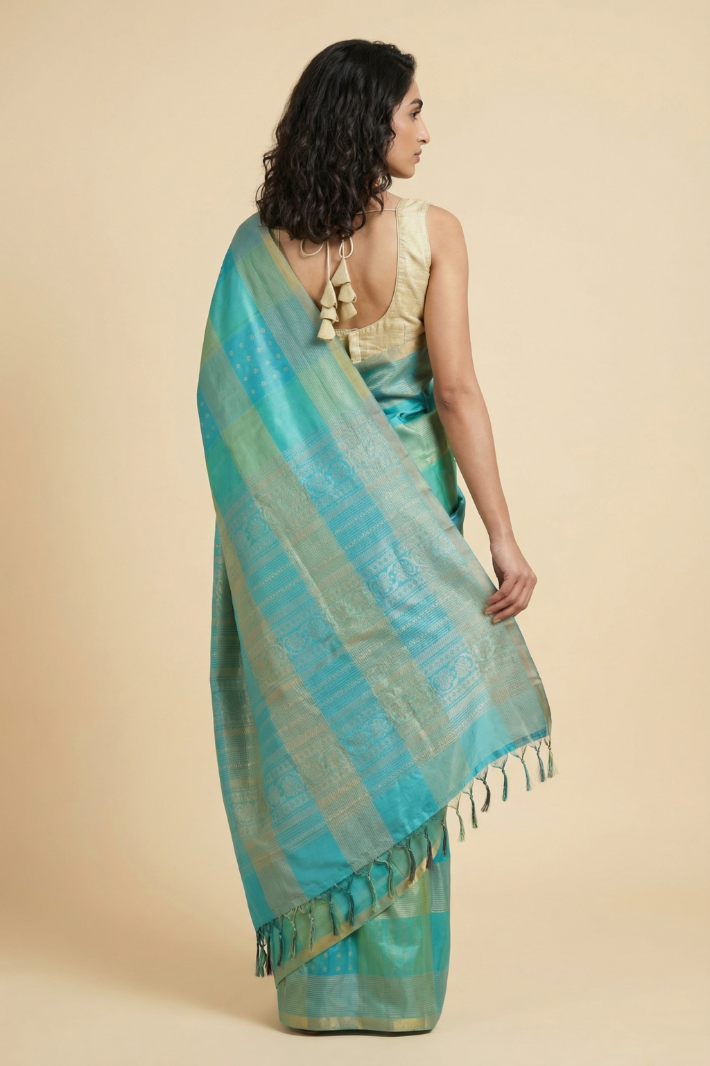 Green and Blue Soft Silk Saree with Zari Motifs & Striped Weaving