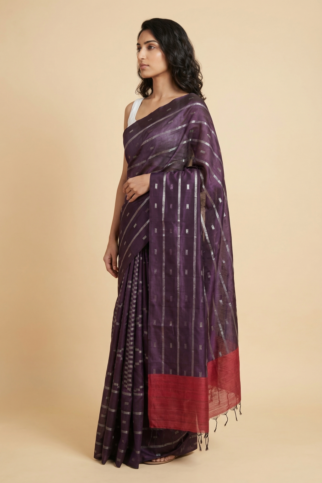 Purple Soft Silk Saree with Geometrical Jaal & Contrast Pallu