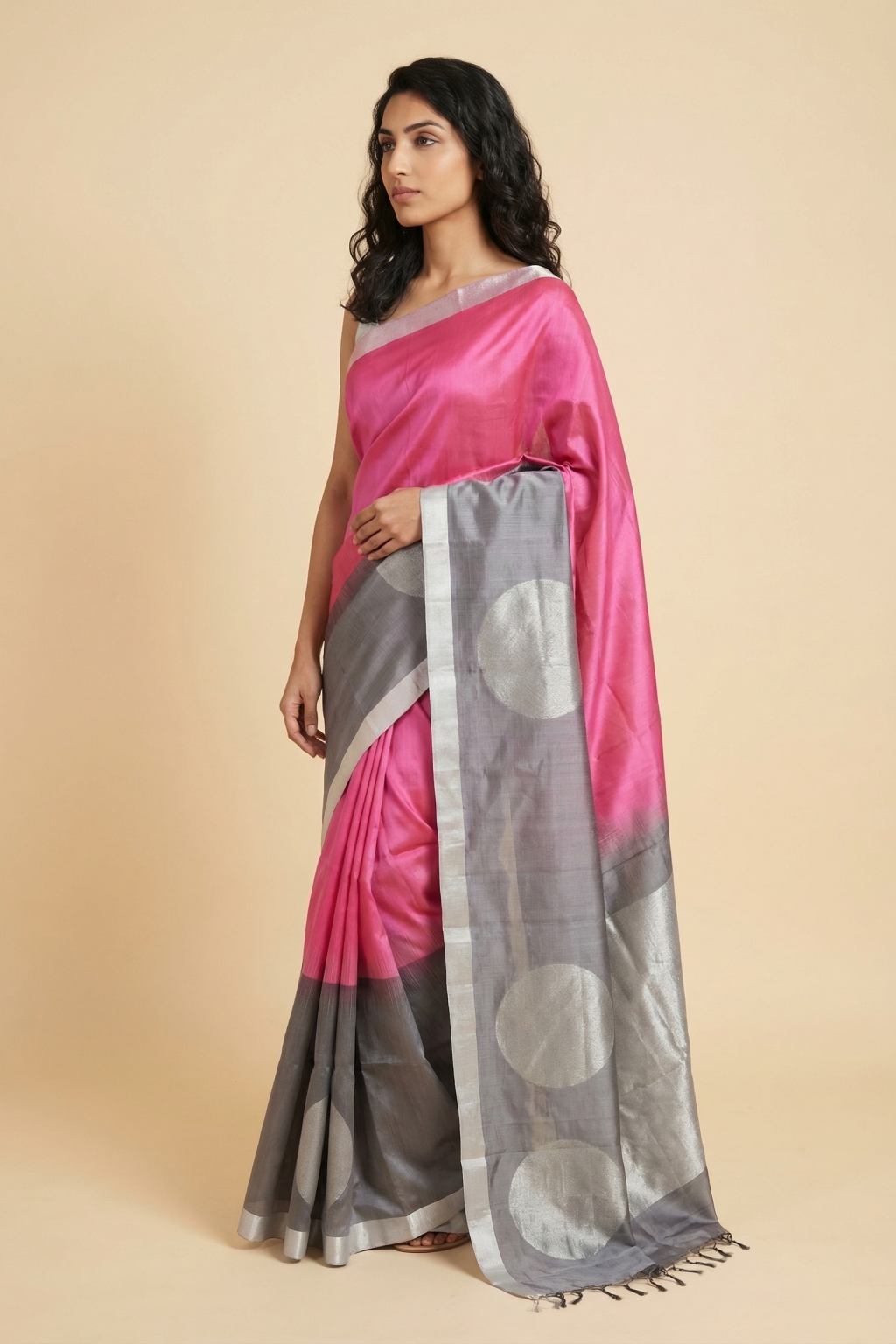 Pink Soft Silk Saree with Silver Butta & Contrast Ash Border