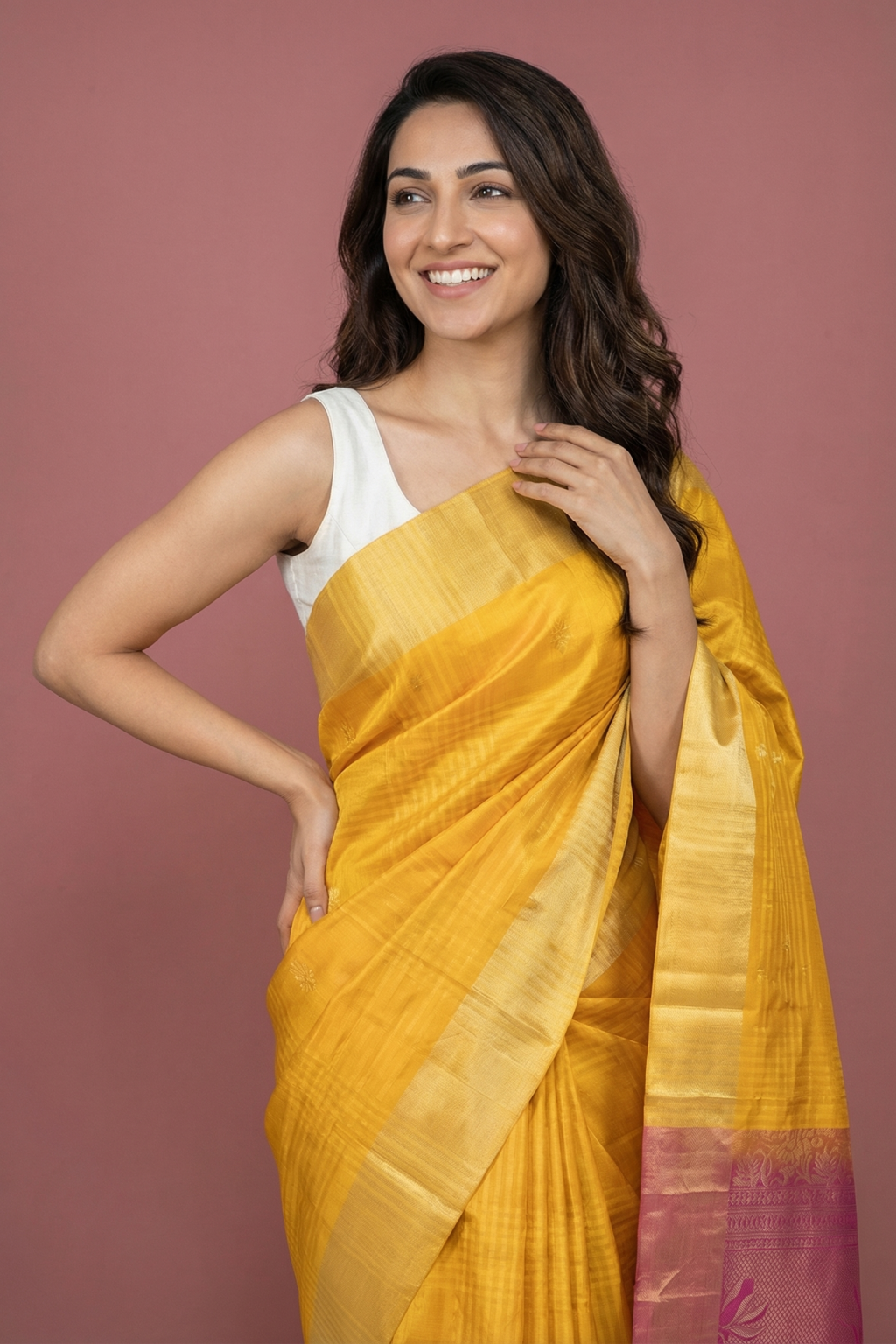 Yellow Soft Silk Saree with Self Checks & Contrast Zari Pallu