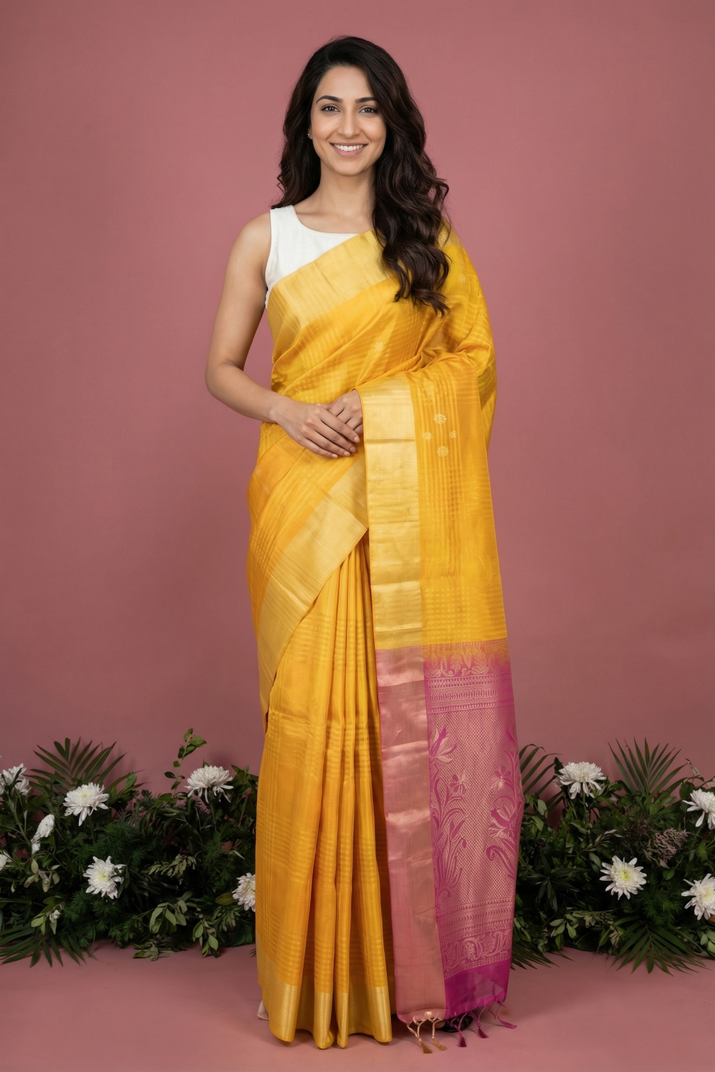 Yellow Soft Silk Saree with Self Checks & Contrast Zari Pallu