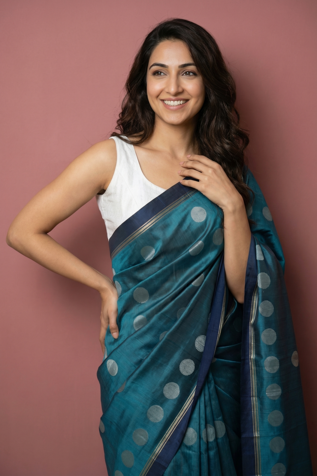 Teal Green Soft Silk Saree with Coin Butti & Contrast Border