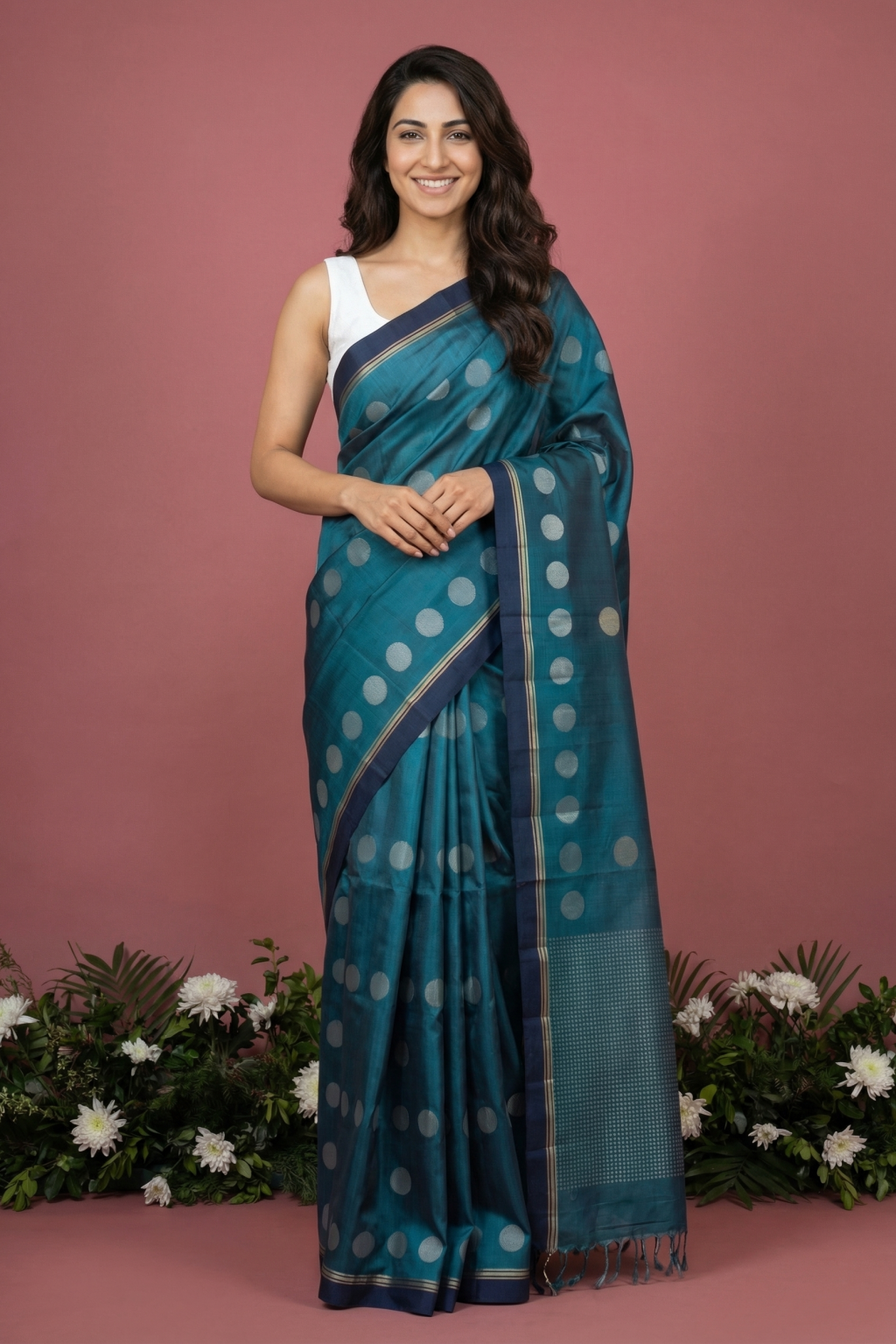 Teal Green Soft Silk Saree with Coin Butti & Contrast Border