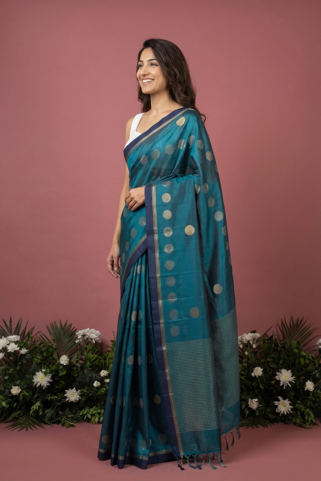 Teal Green Soft Silk Saree with Coin Butti & Contrast Border