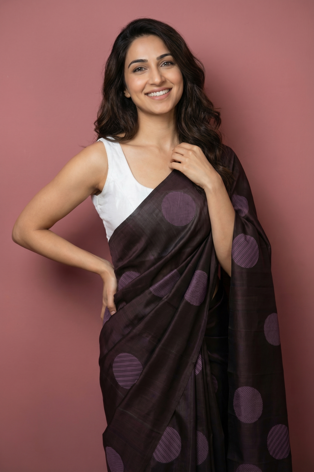 Brown Soft Silk Saree with Round Fancy Butta