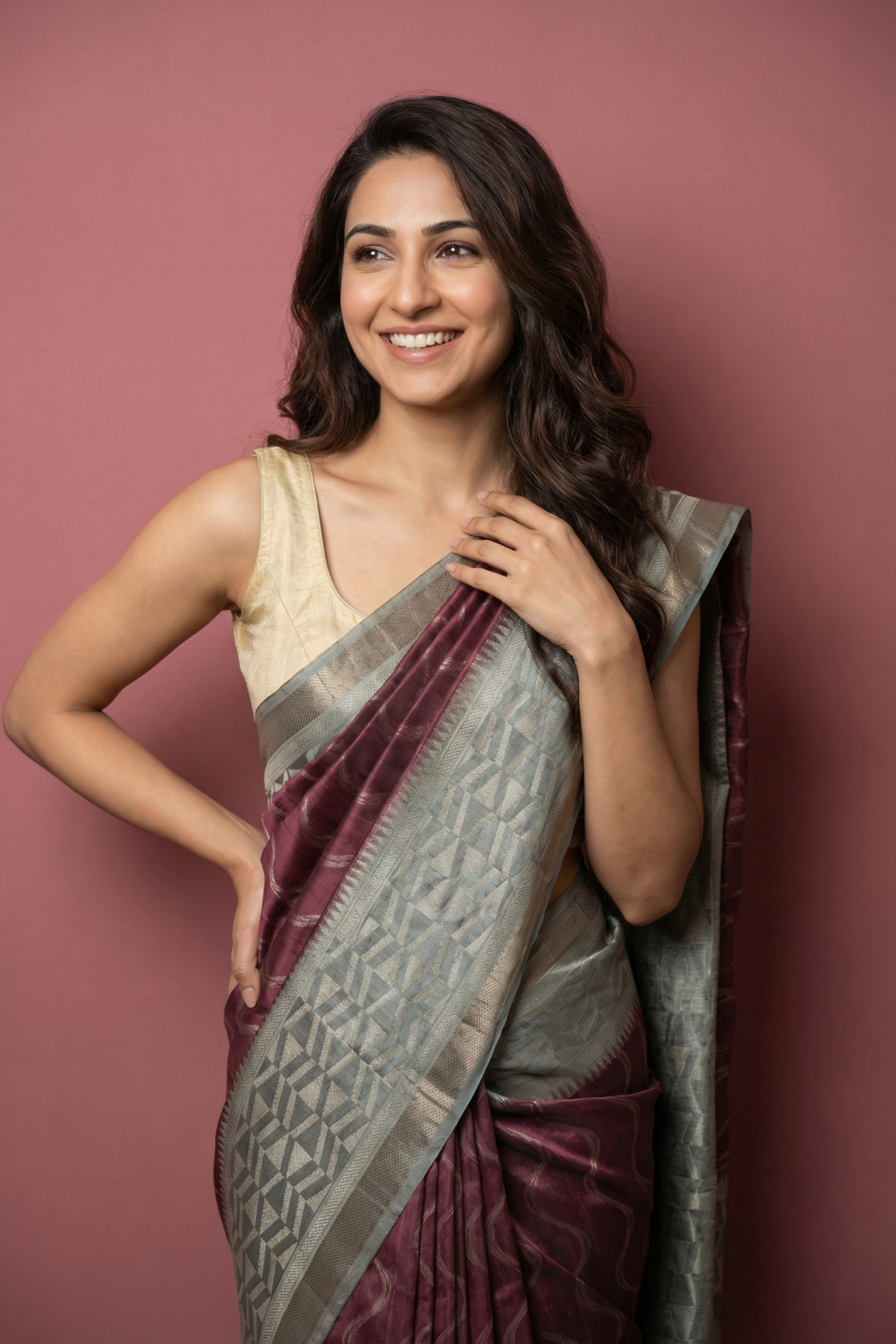 Coral Pink Soft Silk Saree with Geometrical Jaal & Contrast Pallu