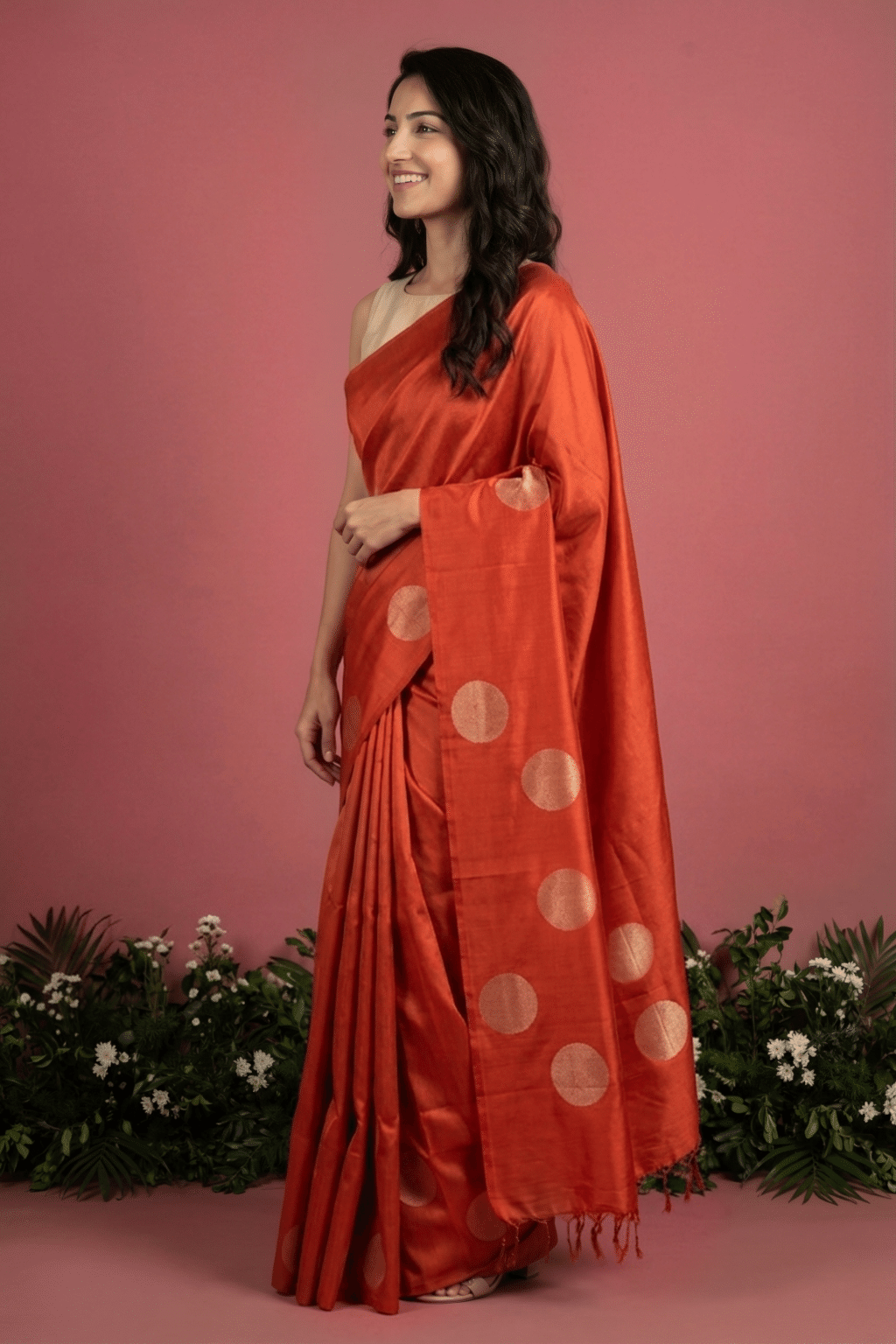 Orange Soft Silk Saree with Round Fancy Butta