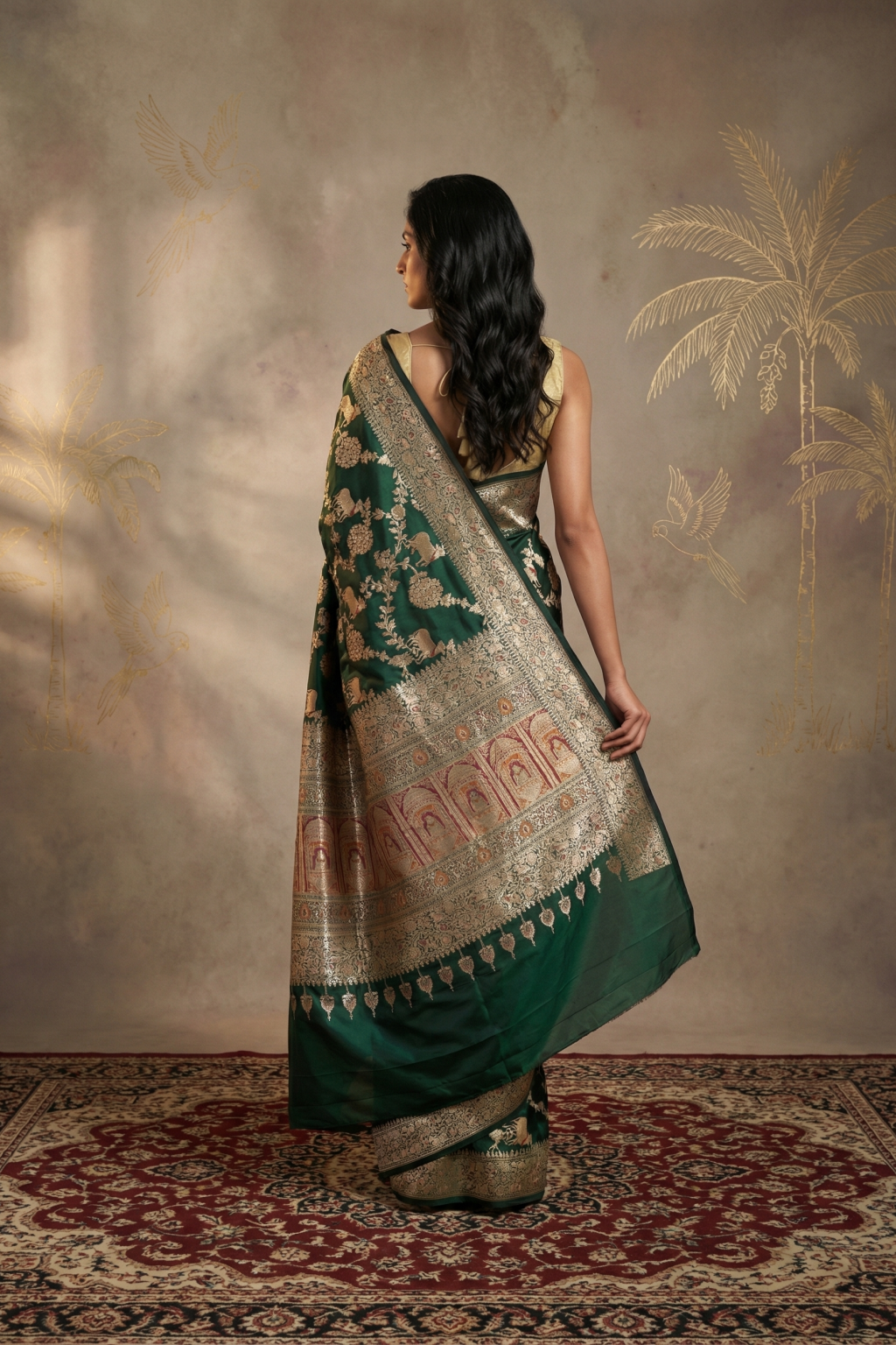 Emerald Green Banarasi Silk Saree with All-Over Jaal Motifs