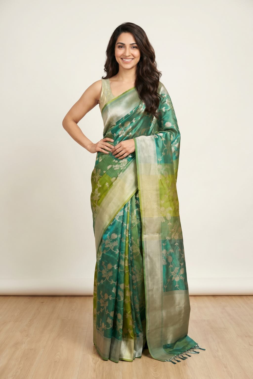 Blue and Green Chanderi Silk Saree