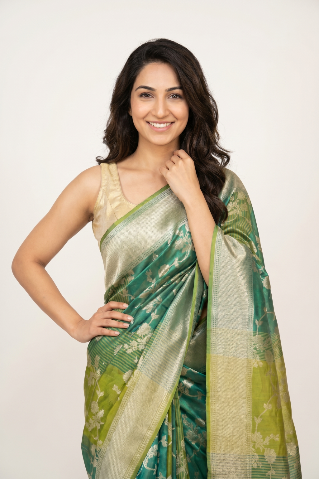 Blue and Green Chanderi Silk Saree
