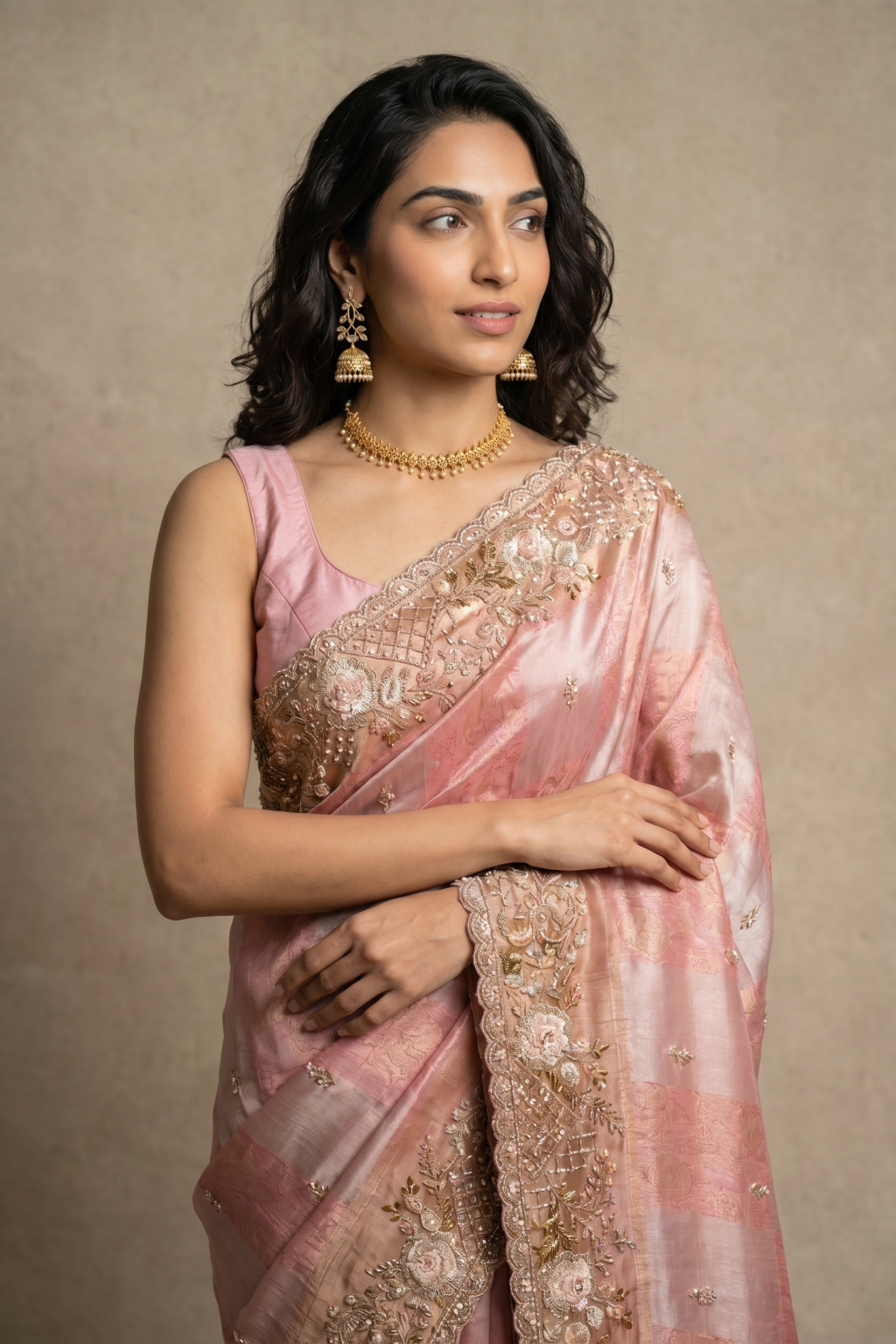 Light Peach Banarasi Georgette Saree