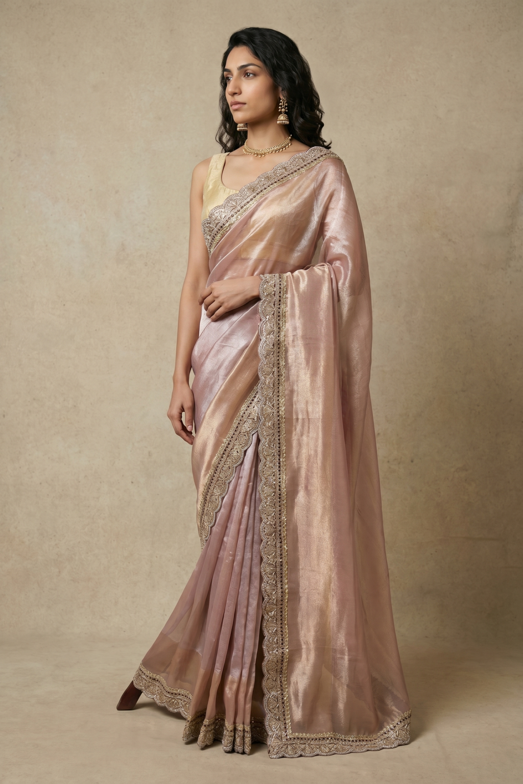 Peach Banaras Handloom Tissue Saree