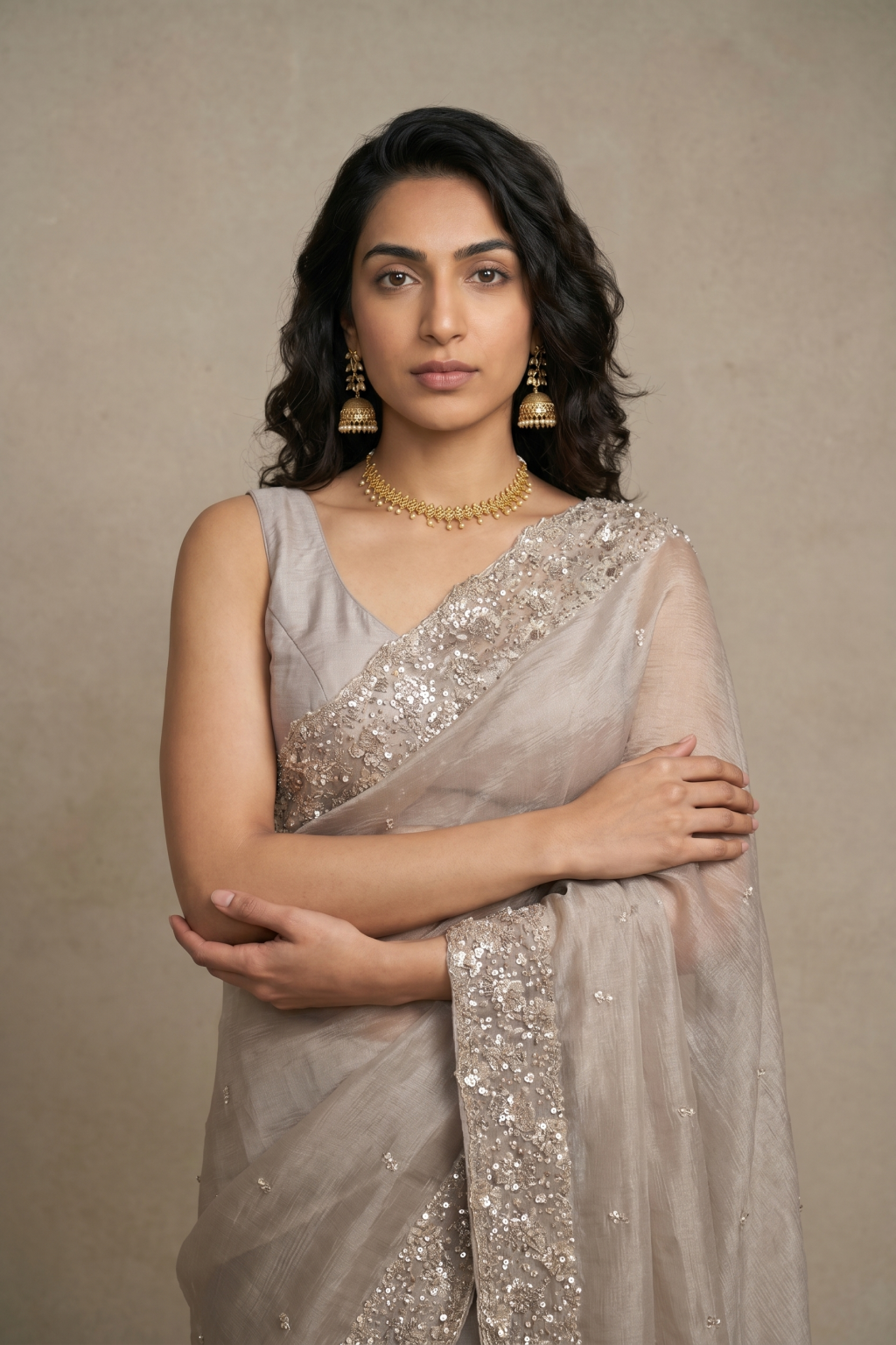 Light Gold Crush Tissue Saree