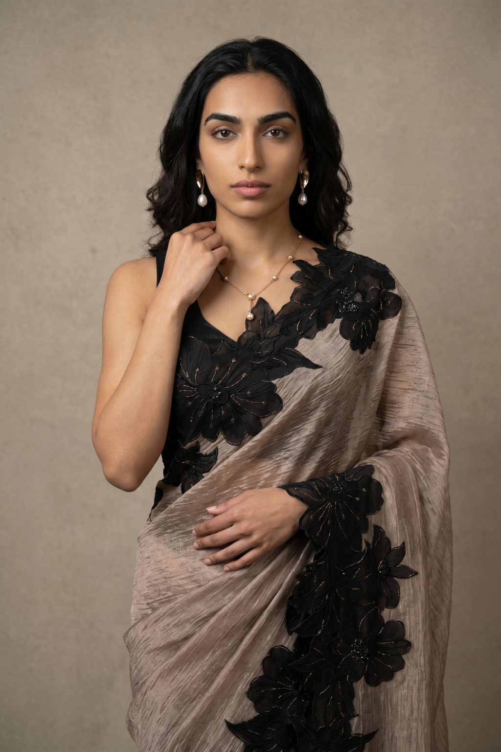 Silver Beige Crush Tissue Saree
