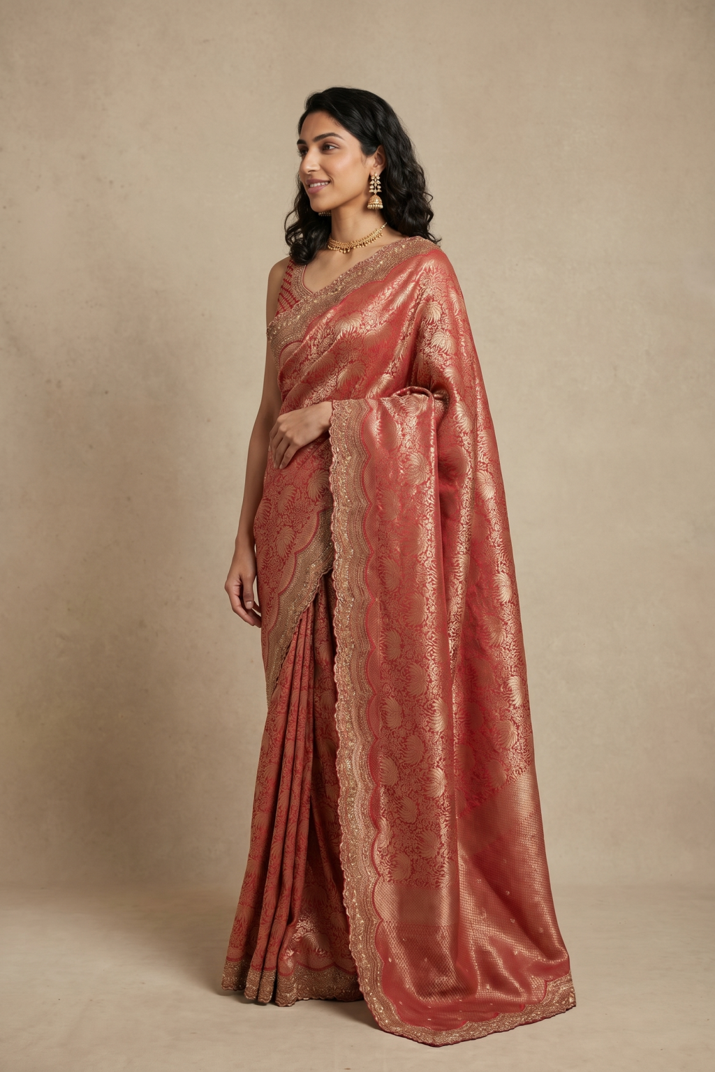 Red Banarasi Silk Saree with Scallop Aari & Sequin Border