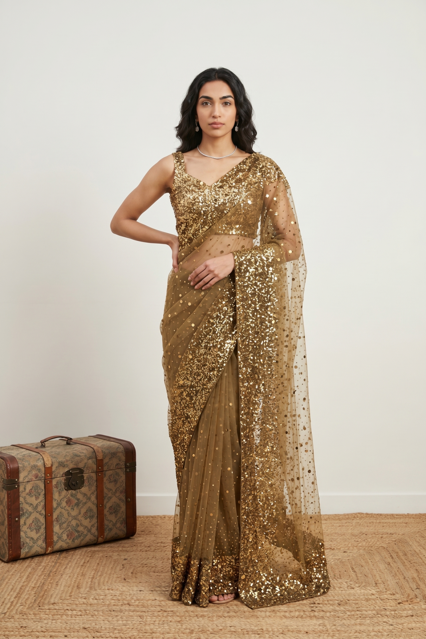 Gold Net Sequin Saree