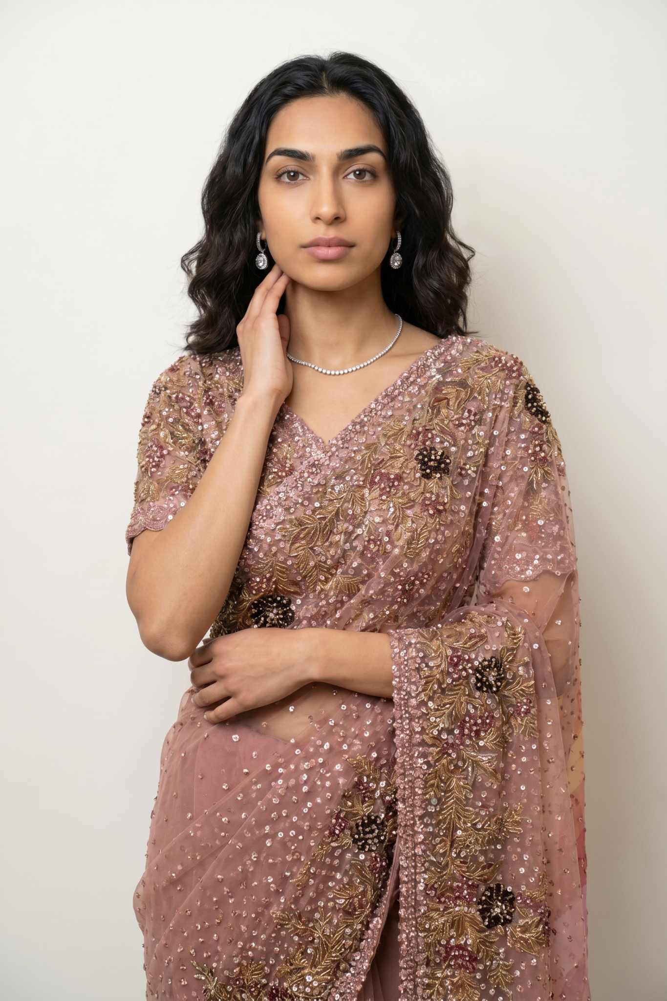 Onion Pink Sequins Net Saree