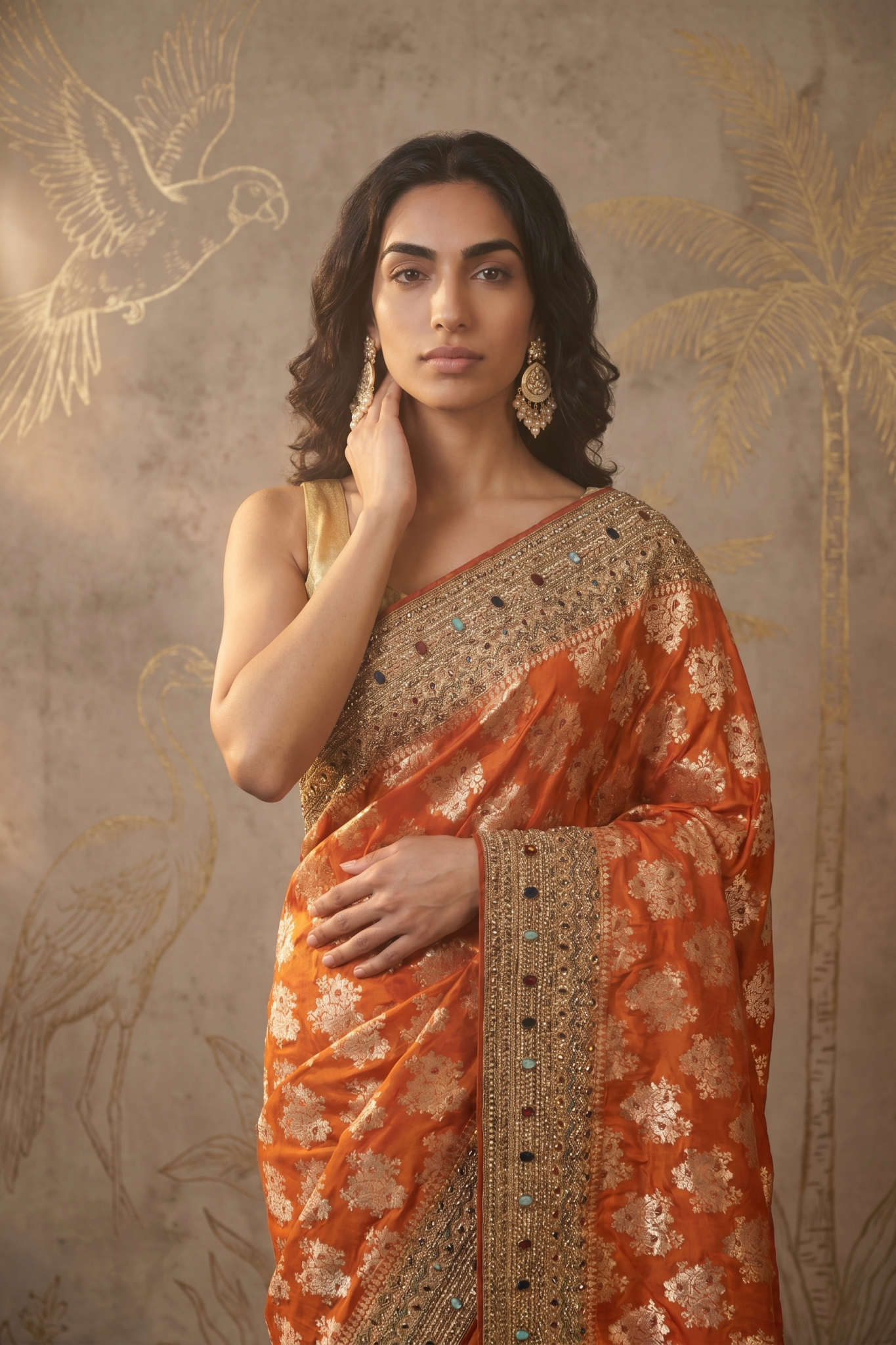 Orange Banarasi Silk Meenakari Saree