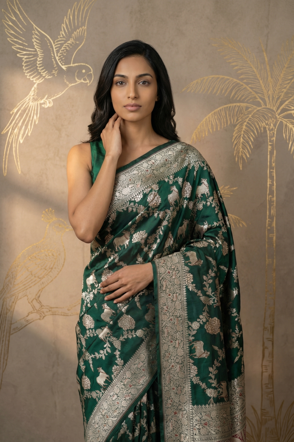 Emerald Green Banarasi Silk Saree with All-Over Jaal Motifs