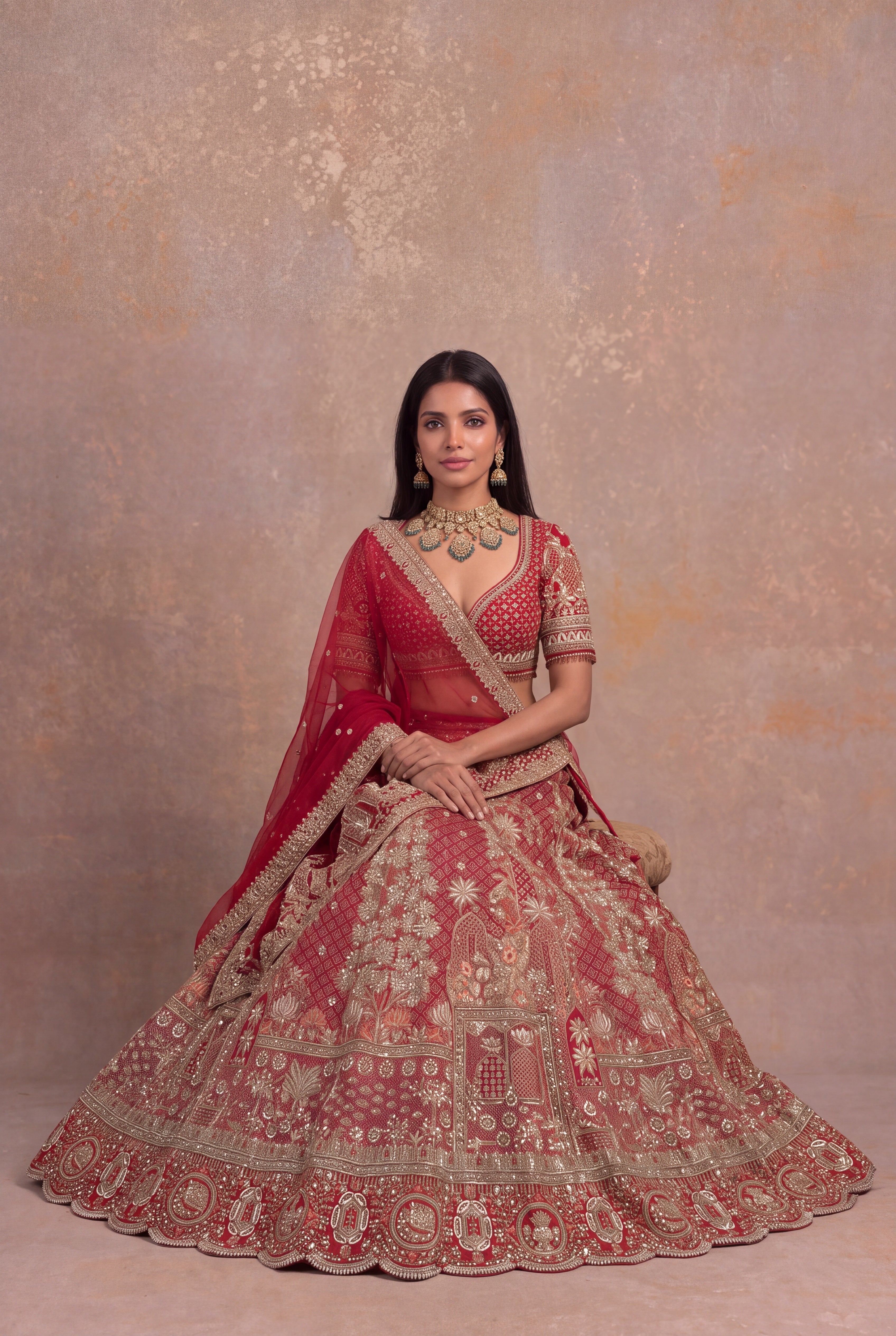 Red Silk Bridal Lehenga with Zardozi Jaal & Palace Motifs