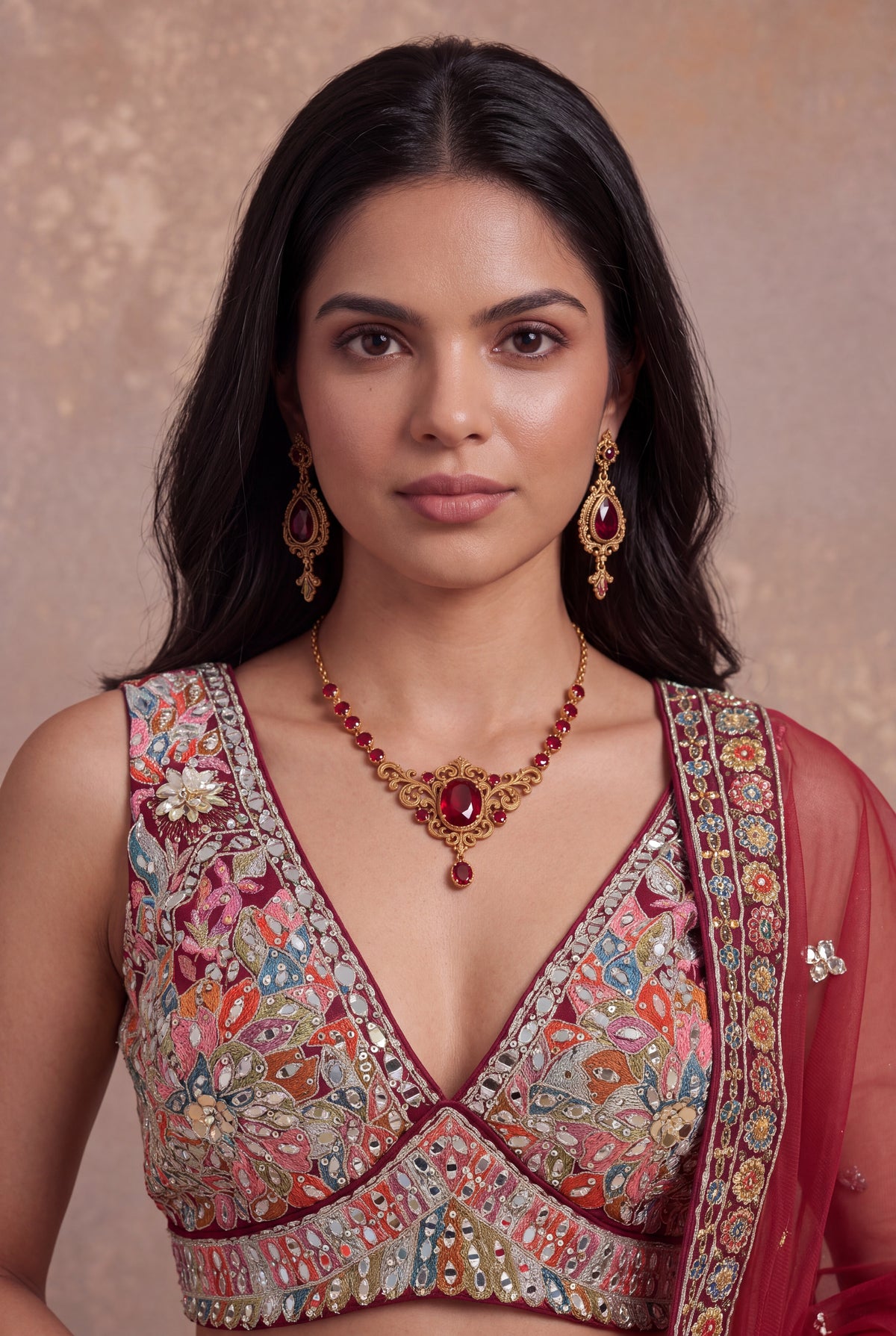 Deep Red Printed Silk Lehenga Set with Mirror Work
