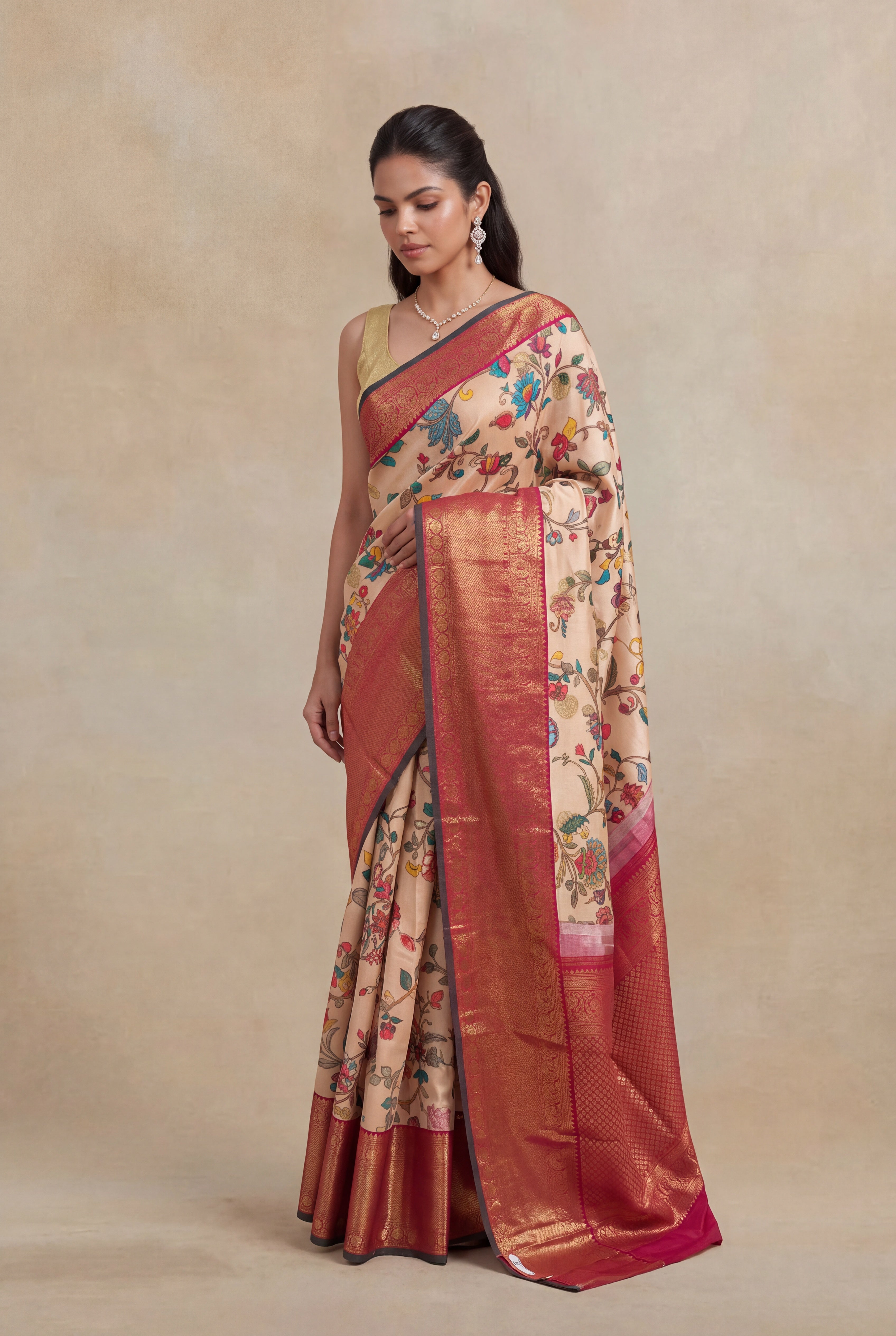 Light Peach Floral Print Kanchivaram Silk Saree