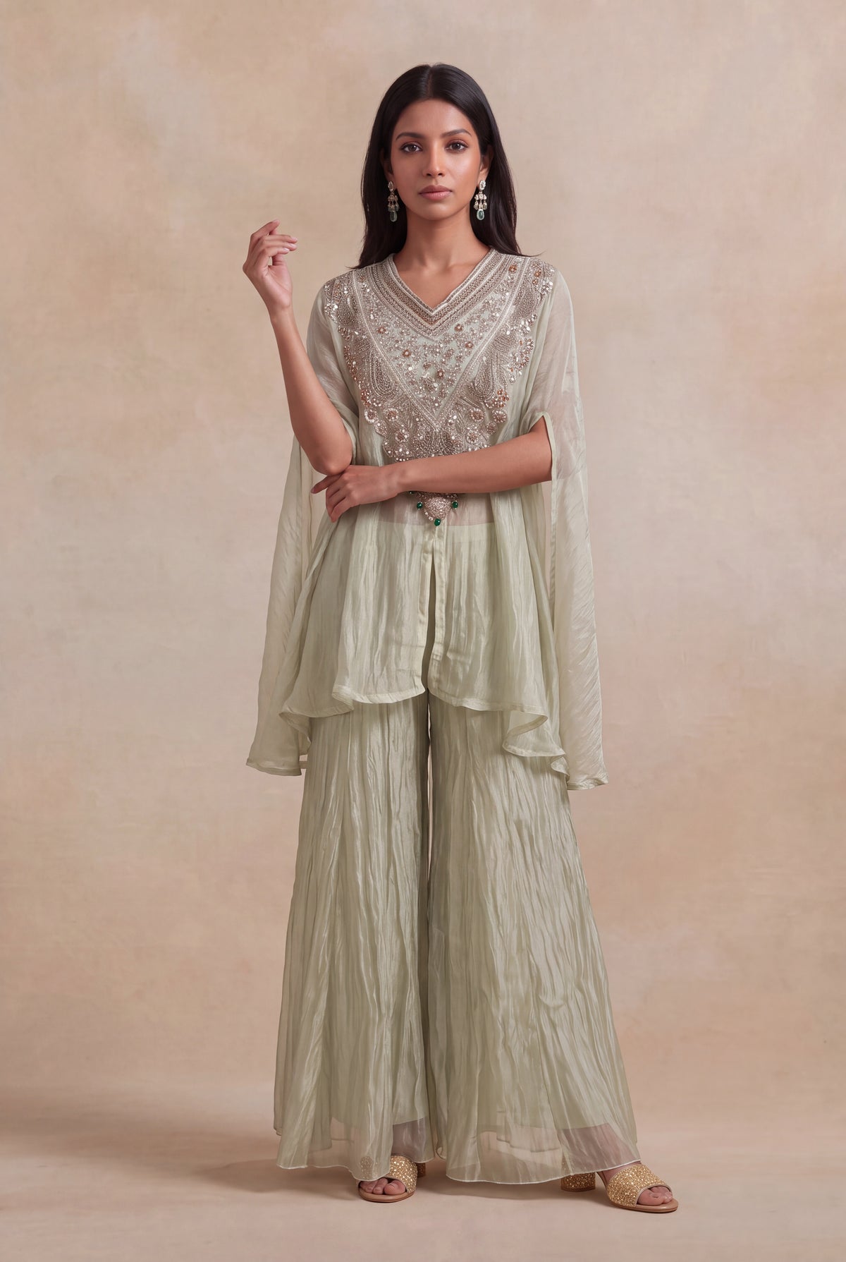 Sage Green Crush Tissue Zardozi Cape Set