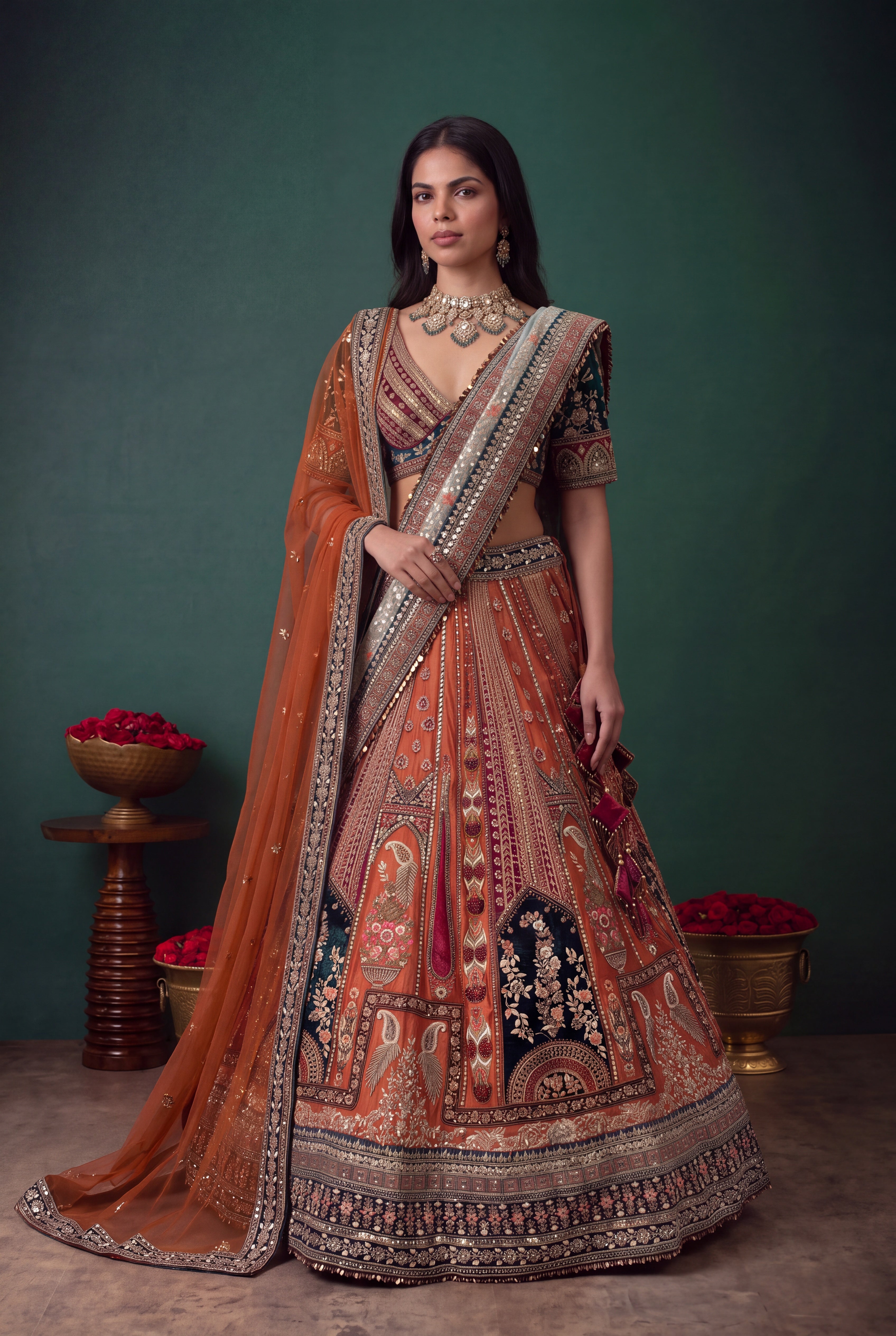 Rust Multicolour Silk & Velvet Lehenga with Zardozi Panel Work