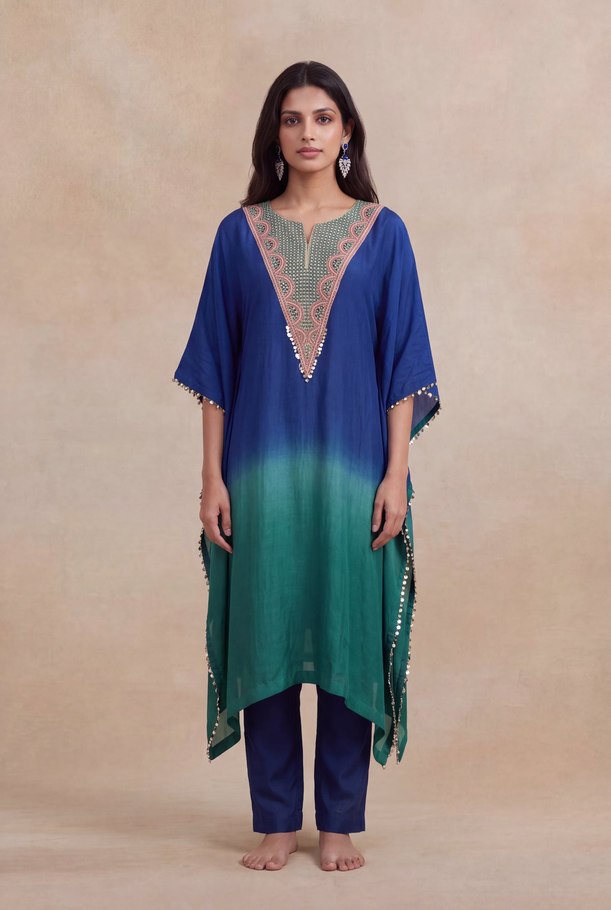 Blue & Emerald Raw Silk Embellished Kaftan Set