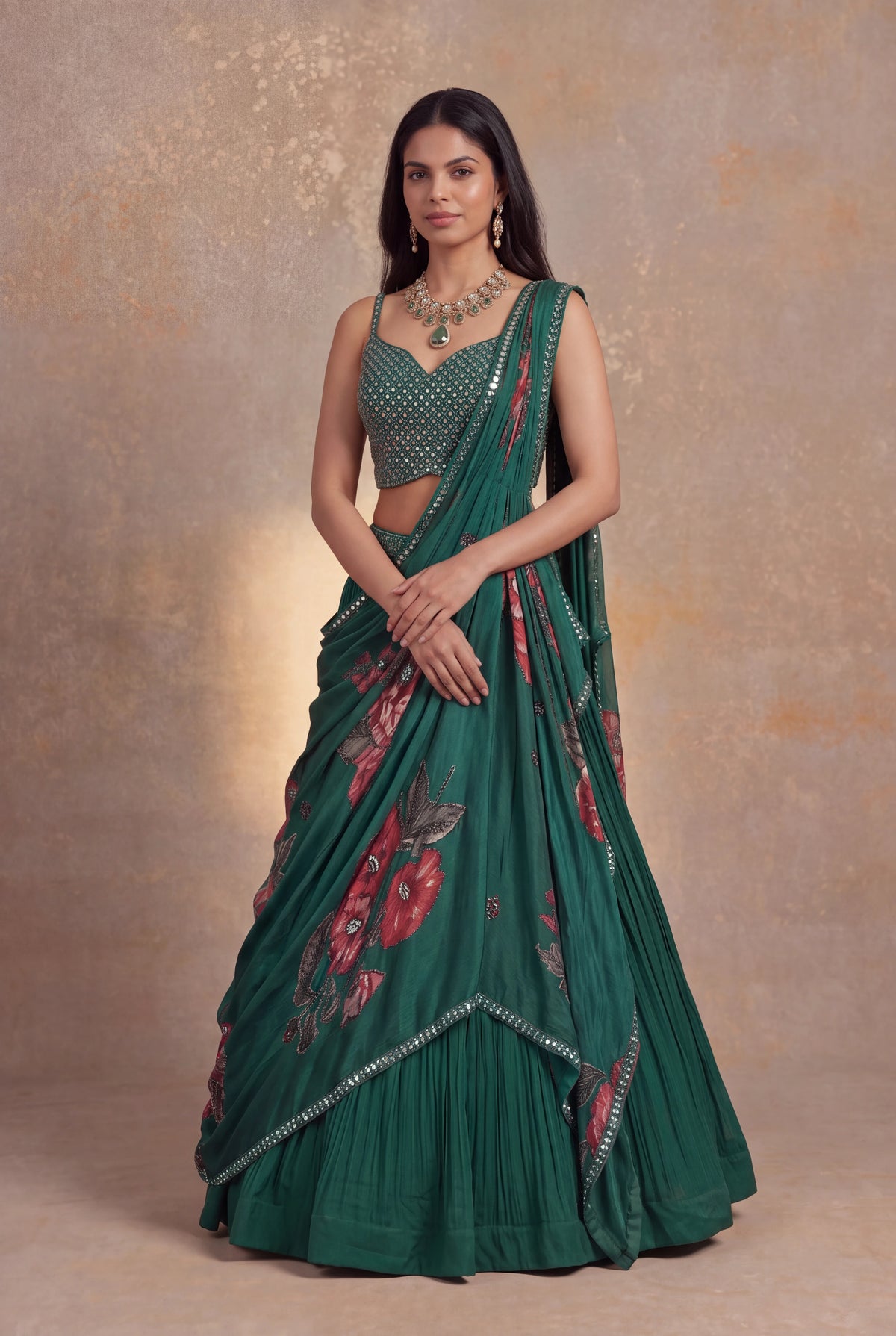 Bottle Green Georgette Draped Lehenga
