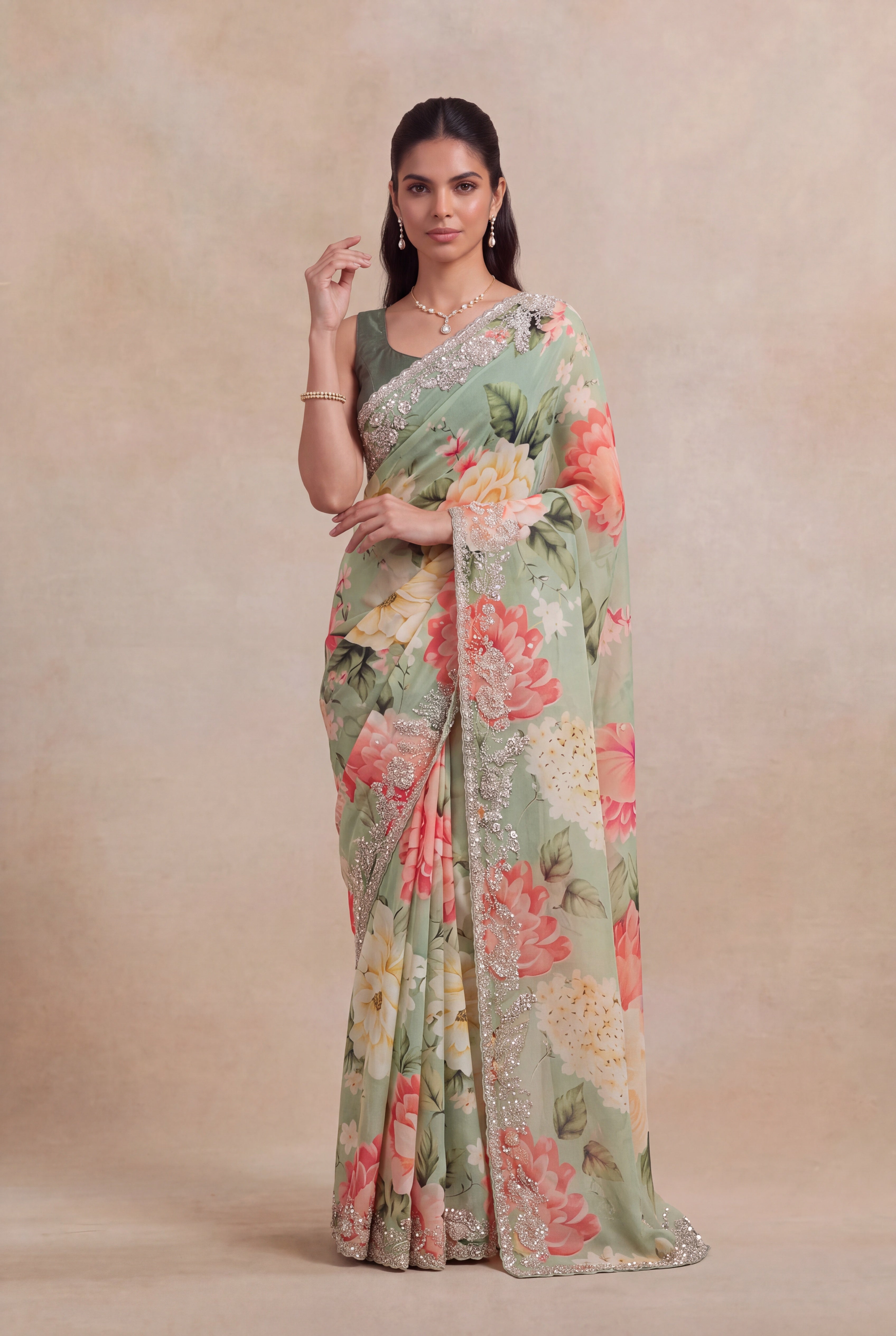 Pista Green Georgette Floral Print Saree