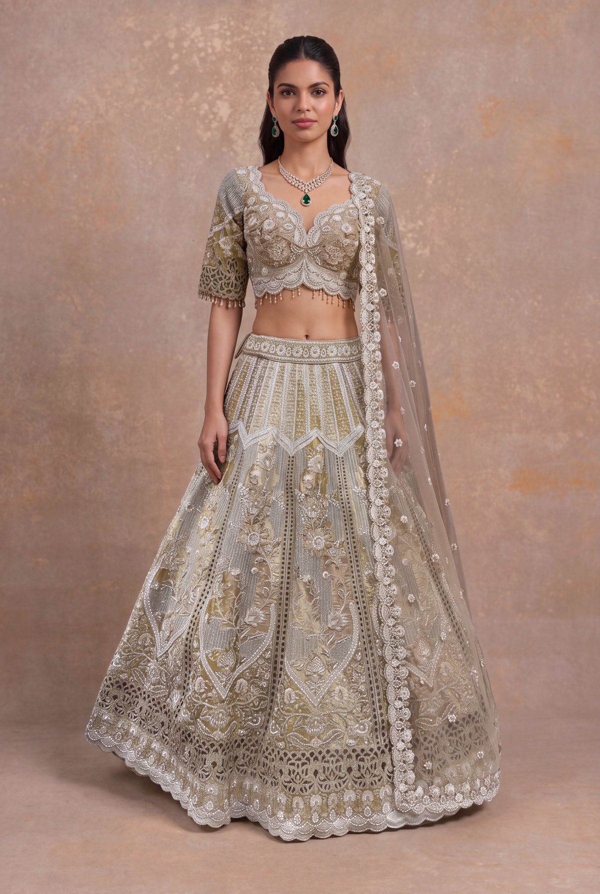 Shimmer Tissue Cutwork Lehenga