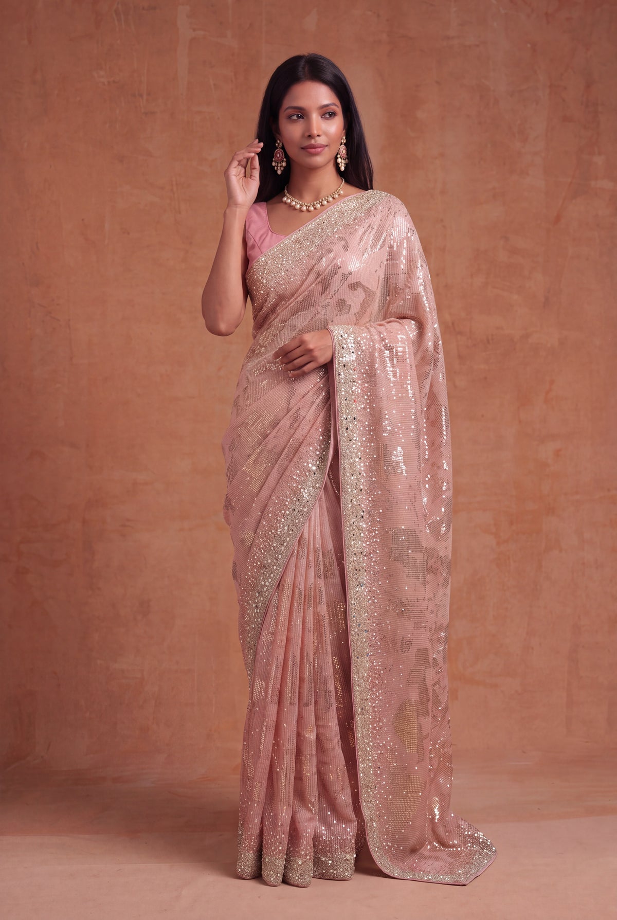 Peach Georgette Saree with Sequin & Mirror Work