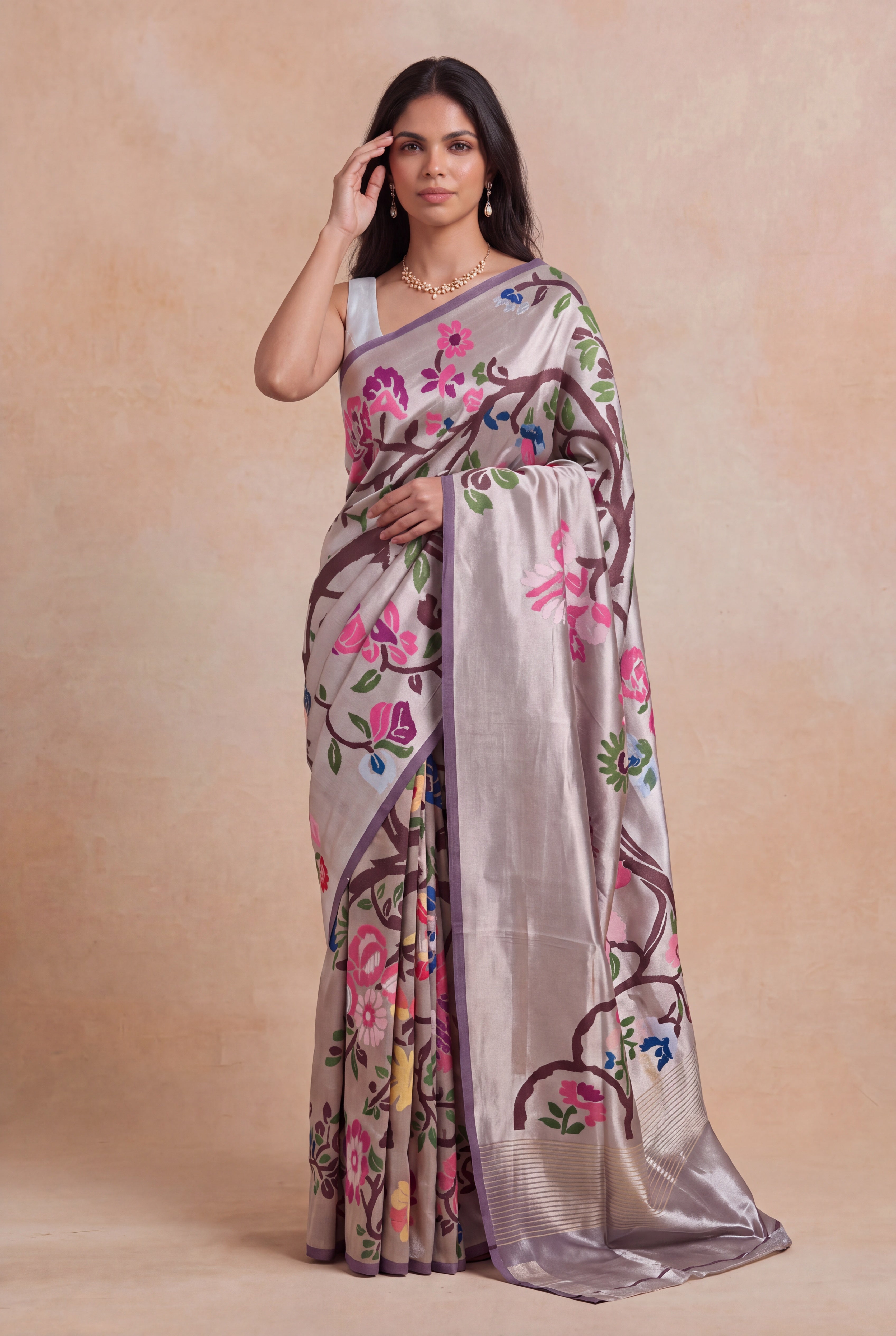 Lilac Banarasi Tissue Silk Multicolour Jaal Saree