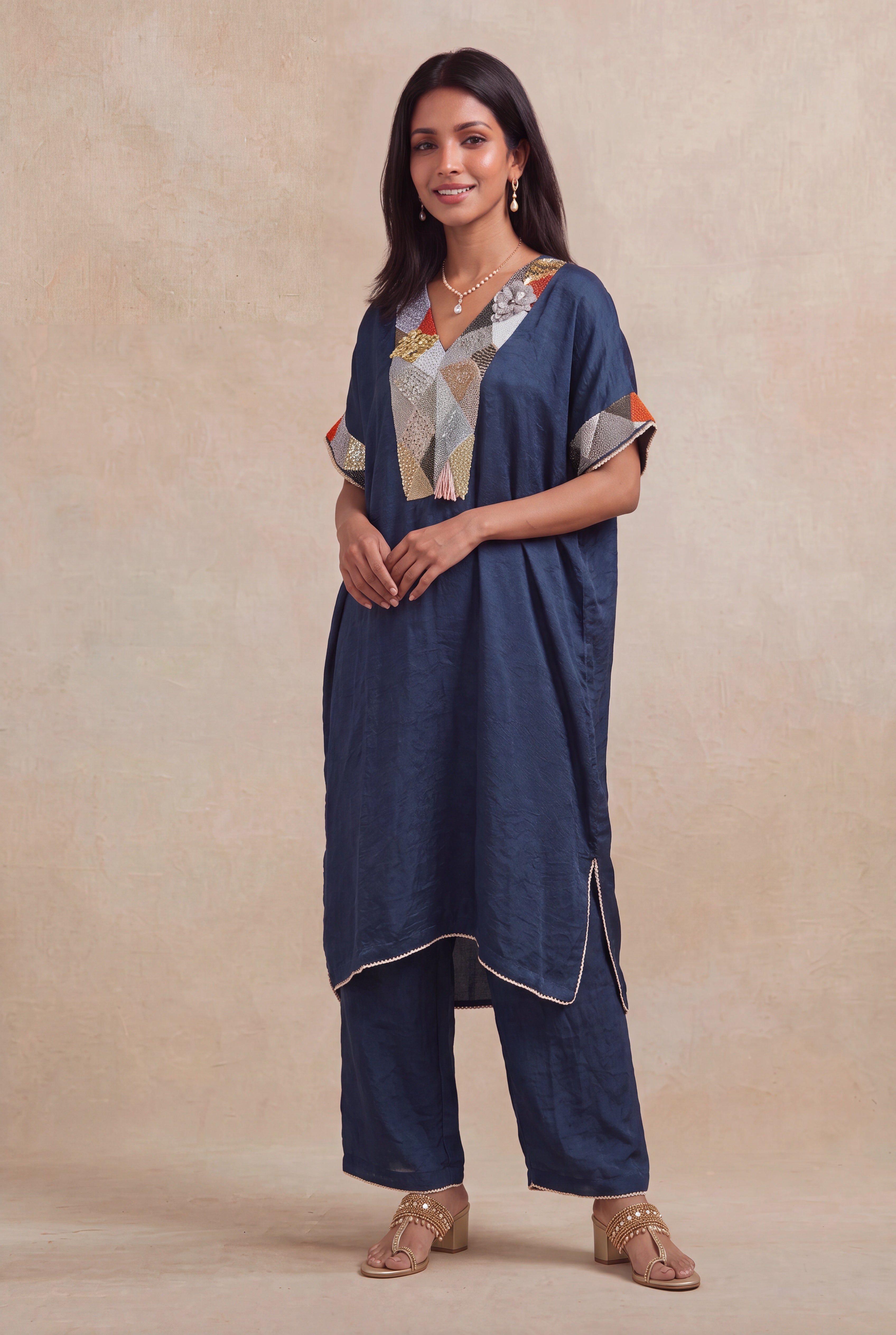 Navy Blue Soft Silk Kaftan Co-ord Set