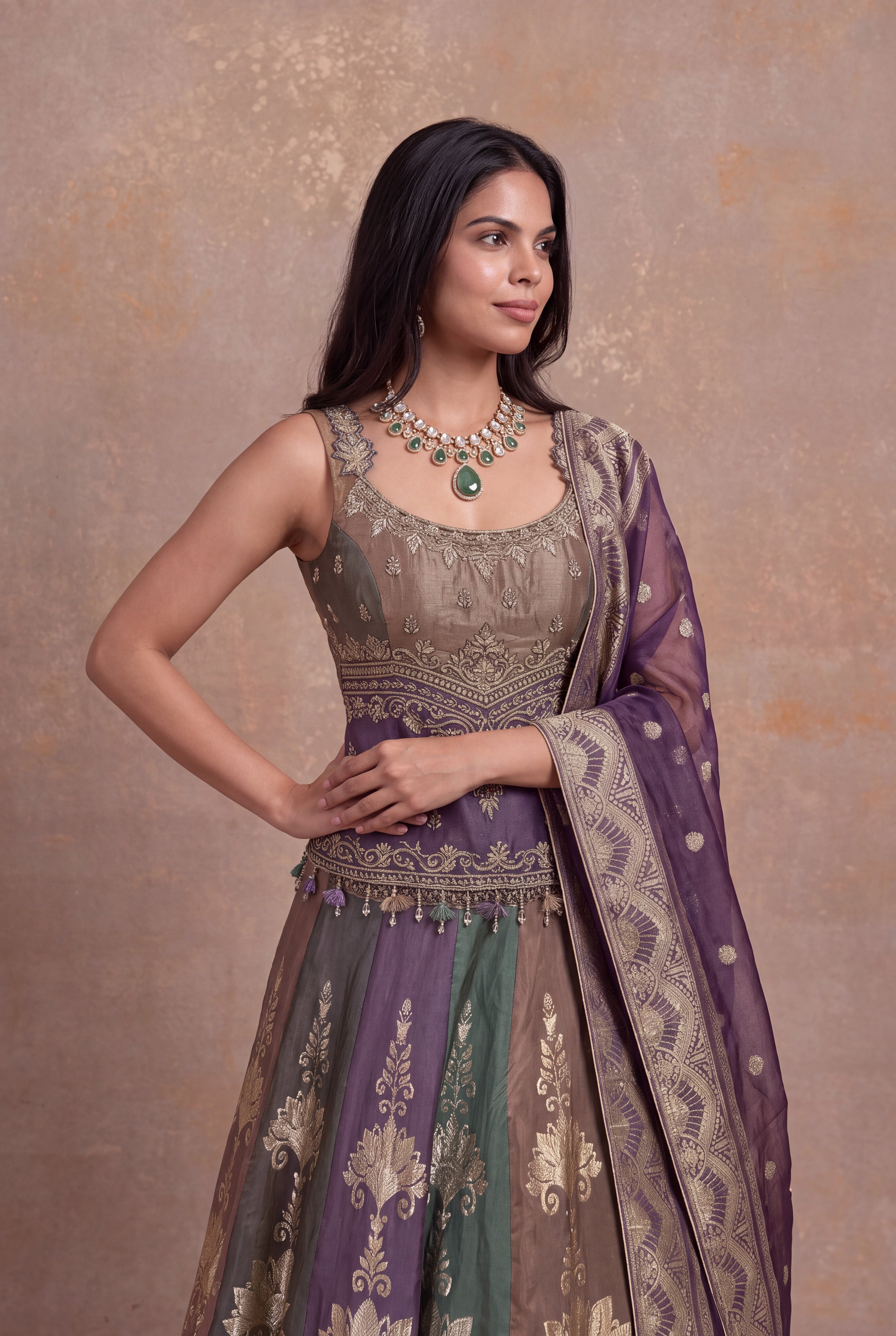 Multicolor Banarasi Tissue Lehenga with Zardosi & Pearl Work