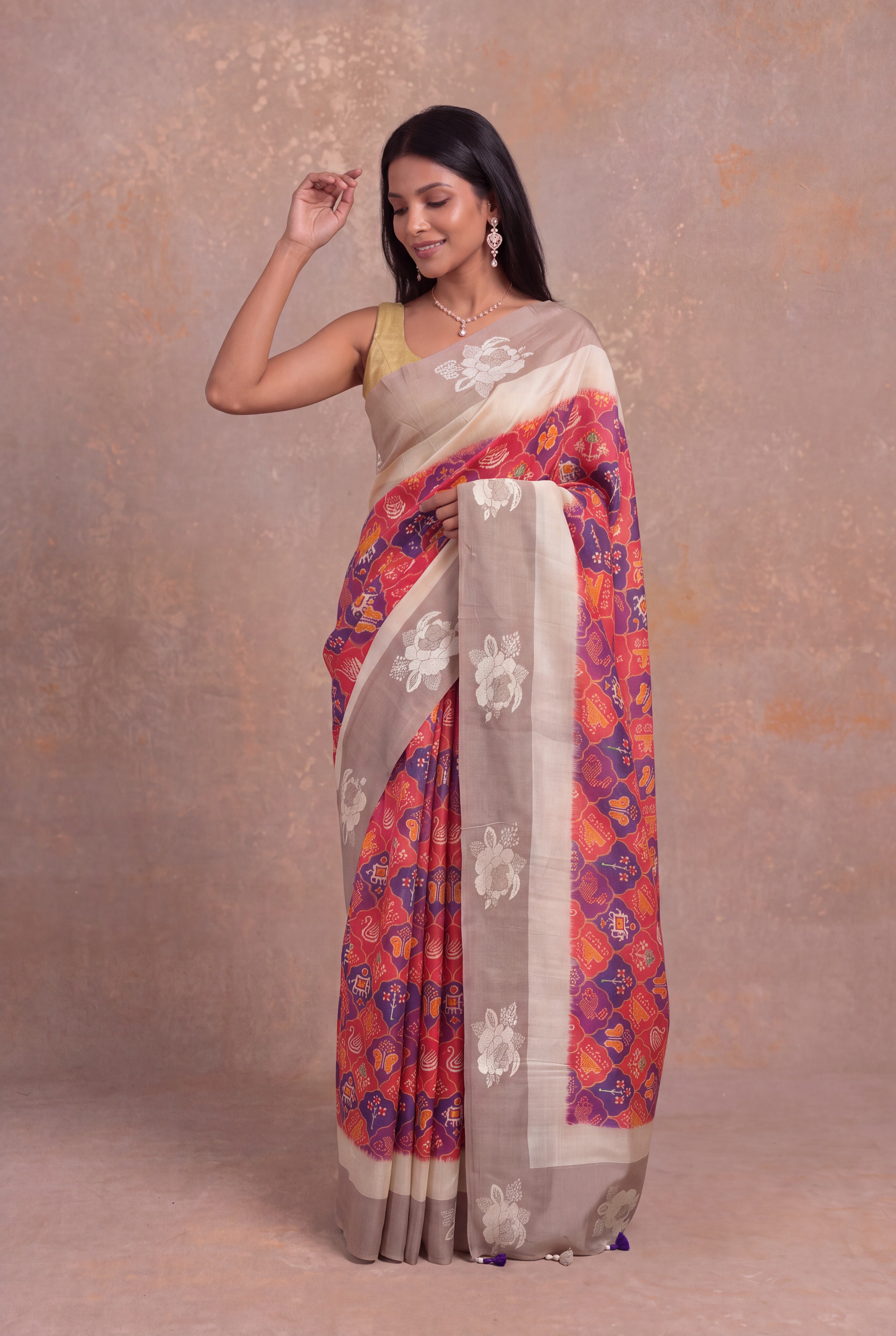 Multicolour Tussar Silk Saree with Ikkat Print