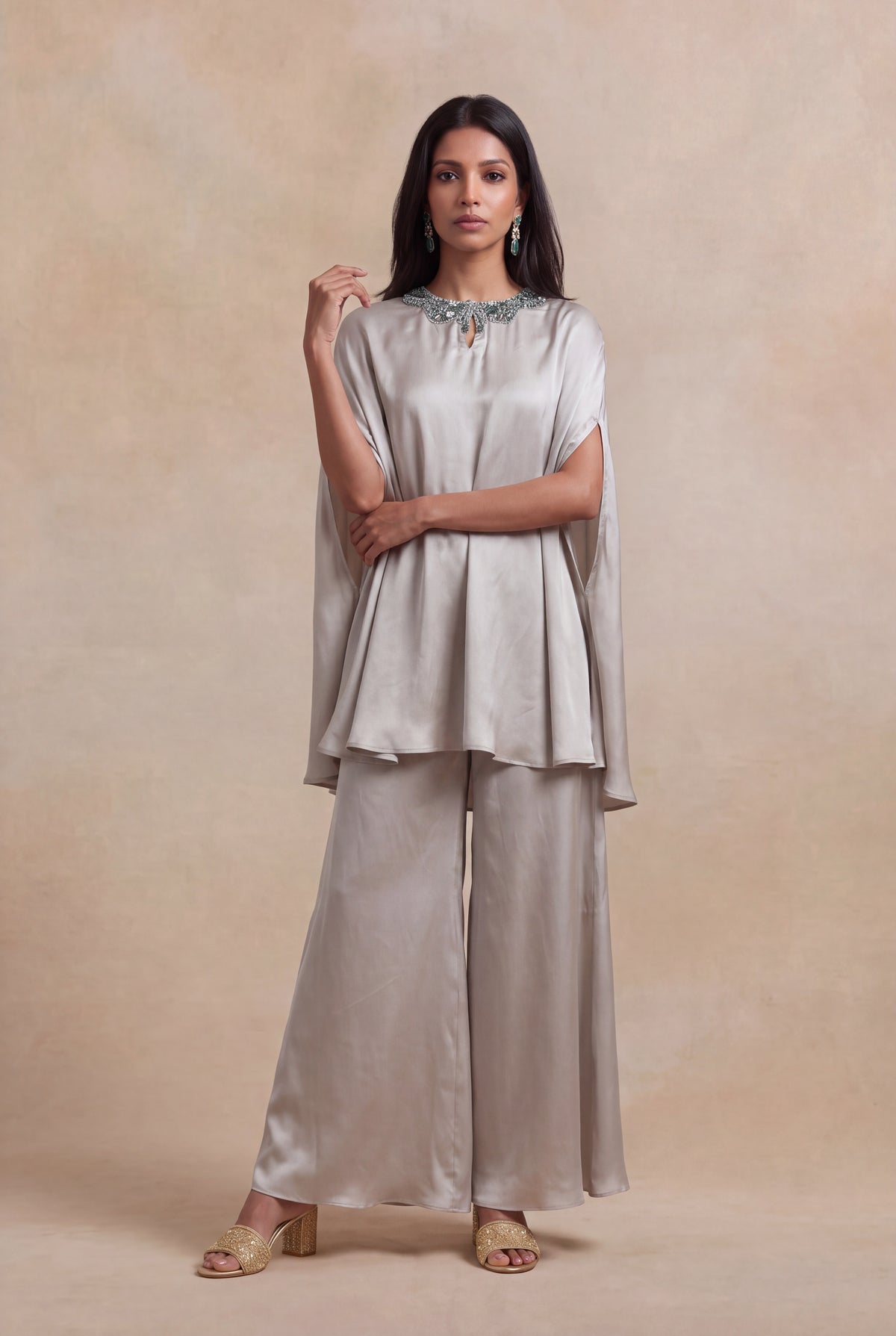 Silver Grey Satin Silk Cape Set with Bead Embellishment