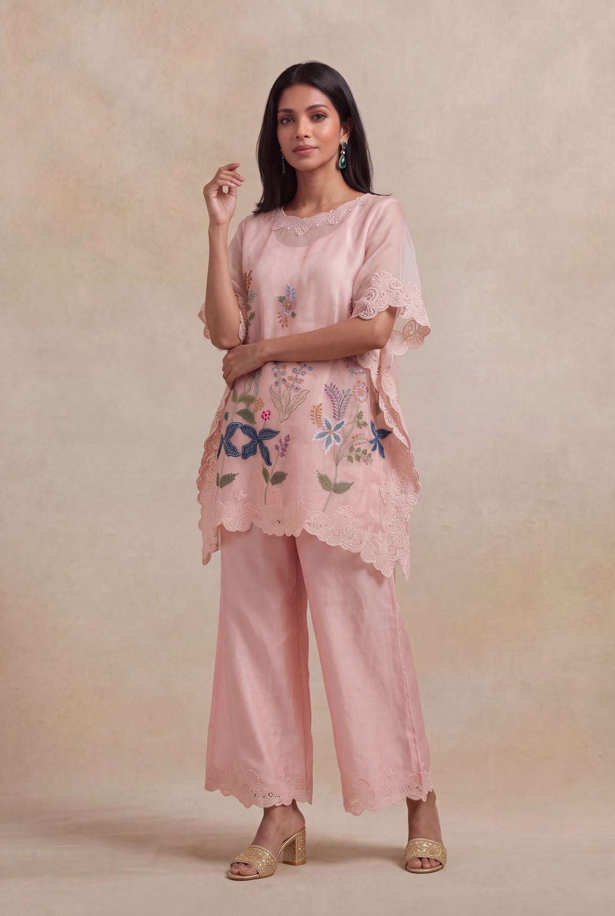 Blush Pink Organza Kaftan with Floral Thread Embroidery