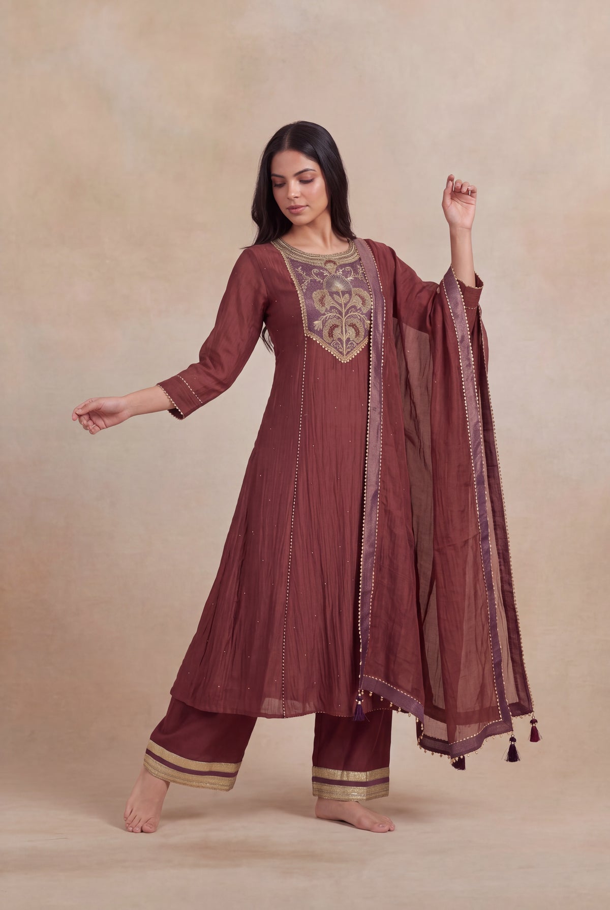 Wine Mul Cotton Zardosi A-Line Salwar Set