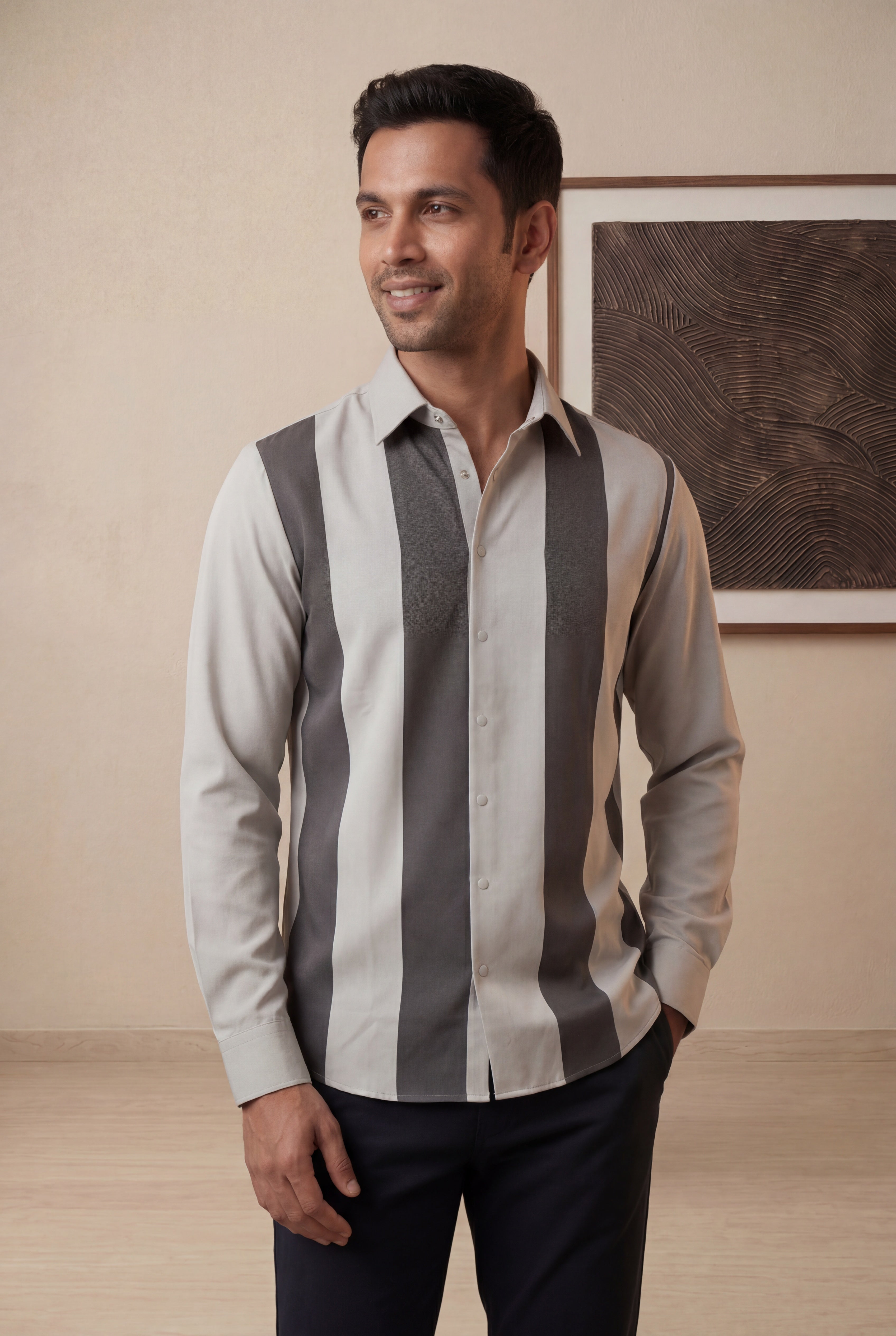 Grey Bomario Full Sleeve Striped Shirt