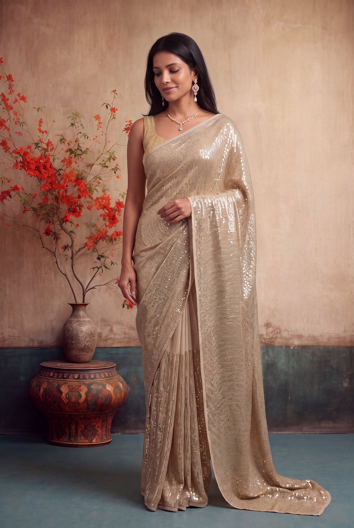 Beige Georgette Saree