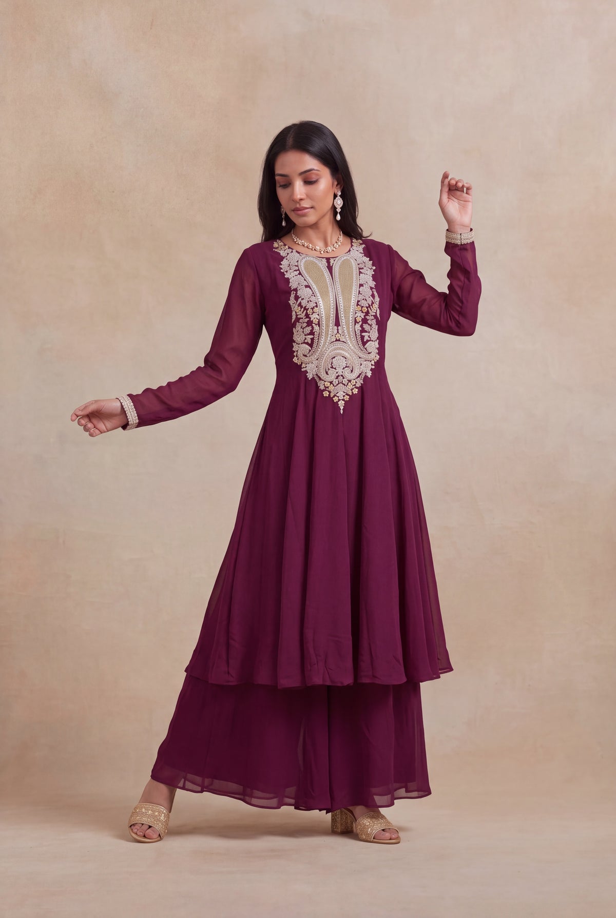 Wine Georgette Indo-Western Set
