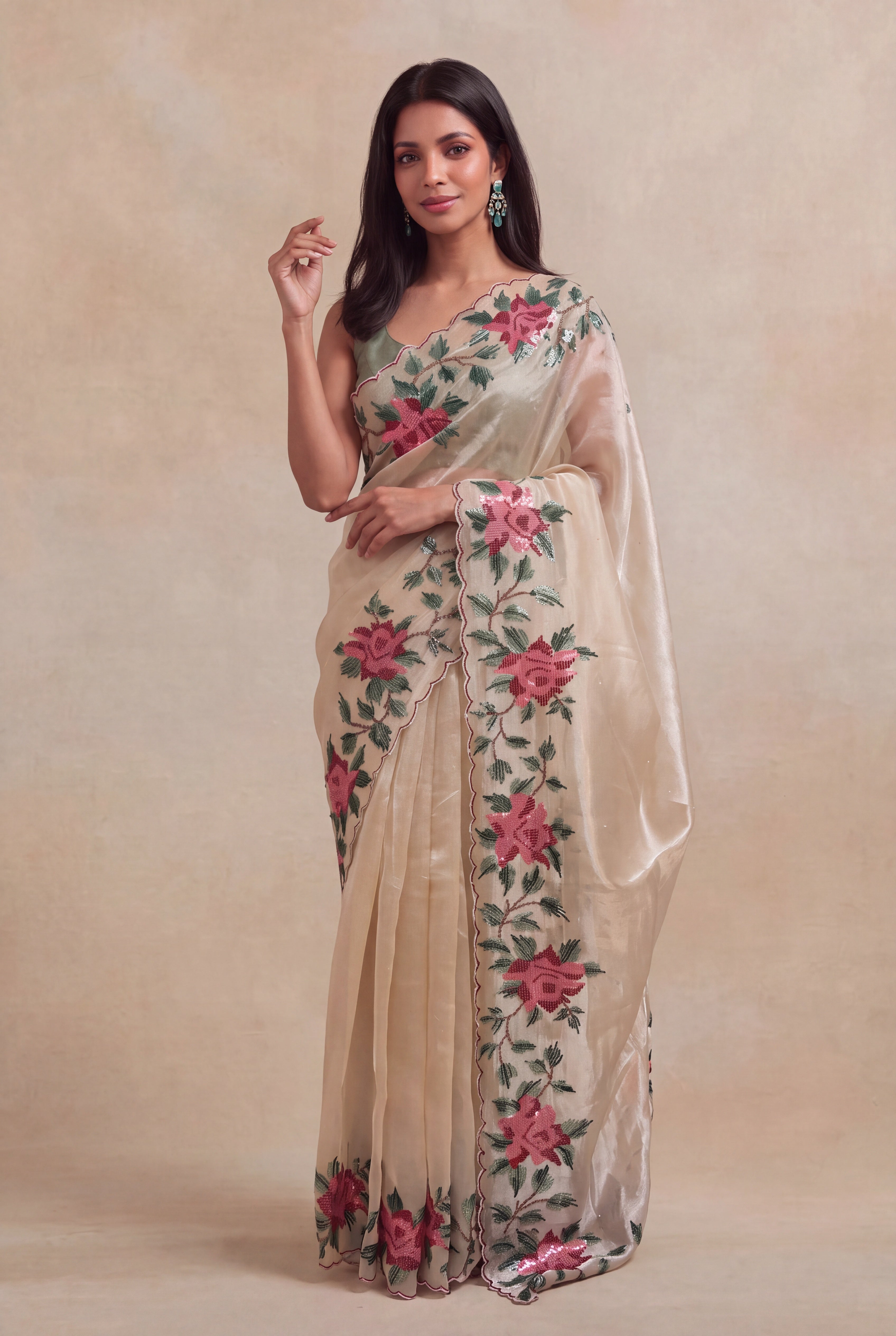 Beige Organza Tissue Saree